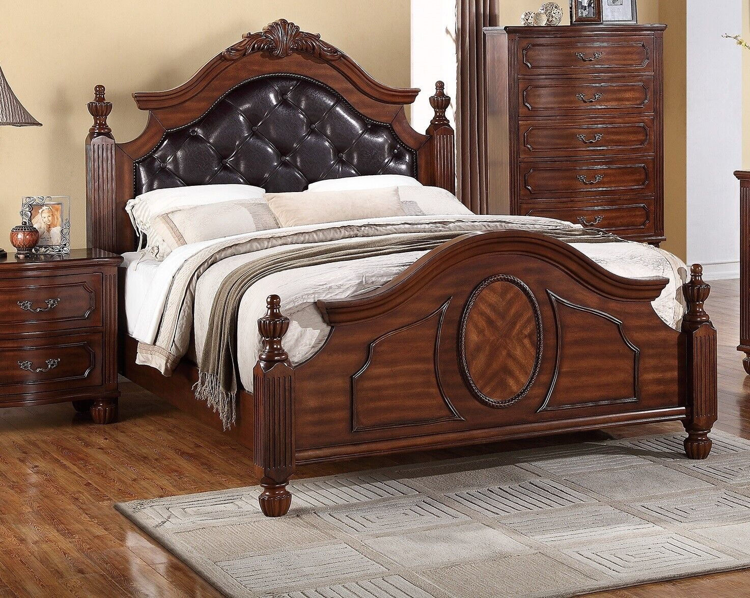 1pc Queen Size Bed Four Posts Faux Leather Tufted Headboard Footboard Brown / Cherry Finish Unique Bedframe Bedroom Furniture