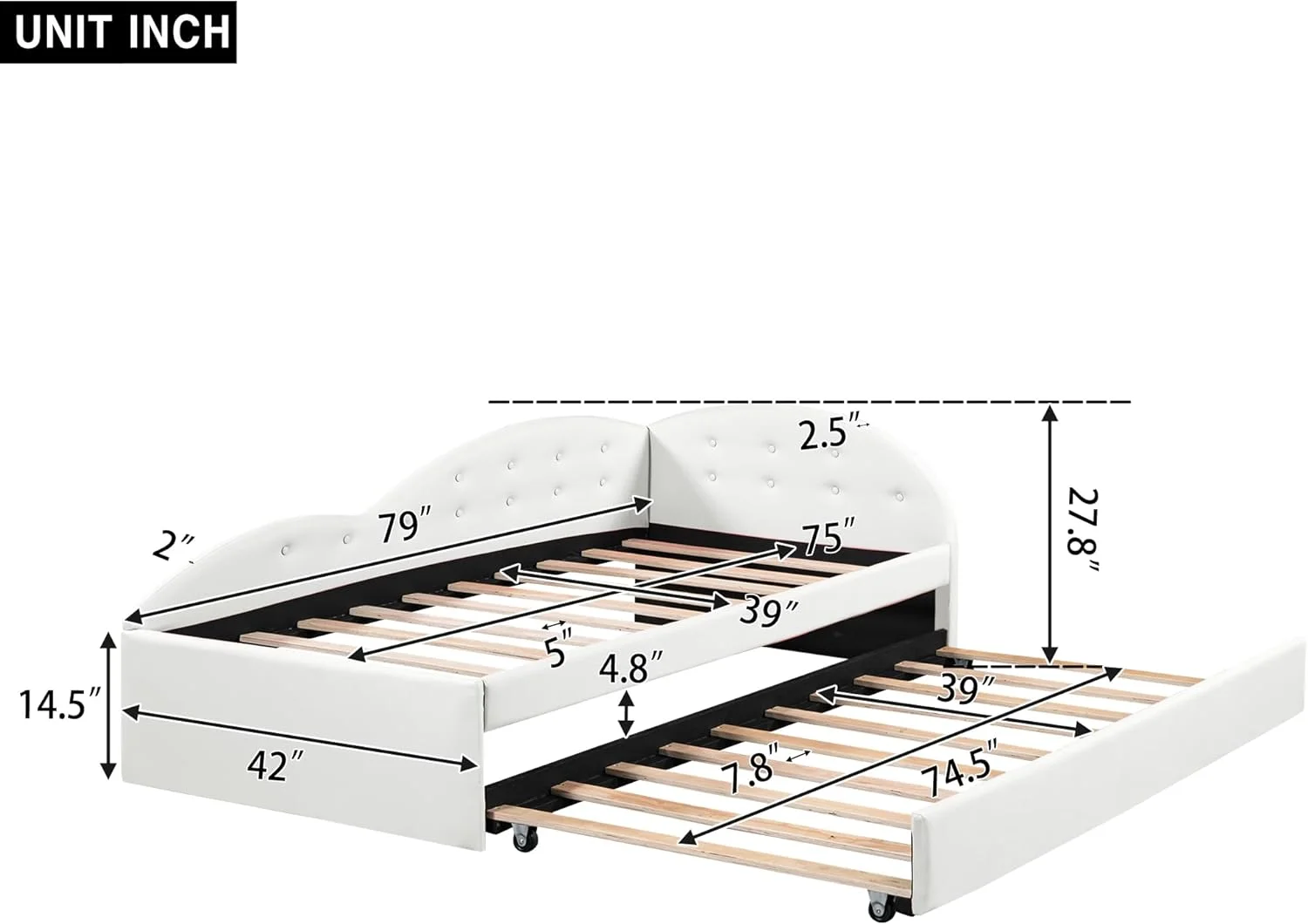Size Daybed Wih rudle, Faux Leaher Upholsered Day Bed Frame, Boom ufed Sofa Bed Wih Cloud Shaped Rails For Bedroom Livig Room Gues Room, Whie