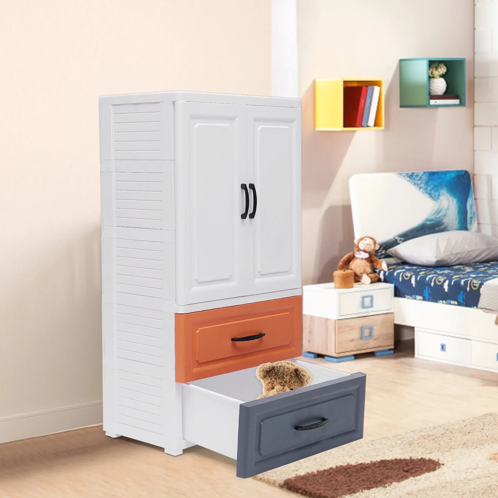 3 Tiers Plastic Storage Cabinet Vertical Dresser Home Organizer with 2 Drawers
