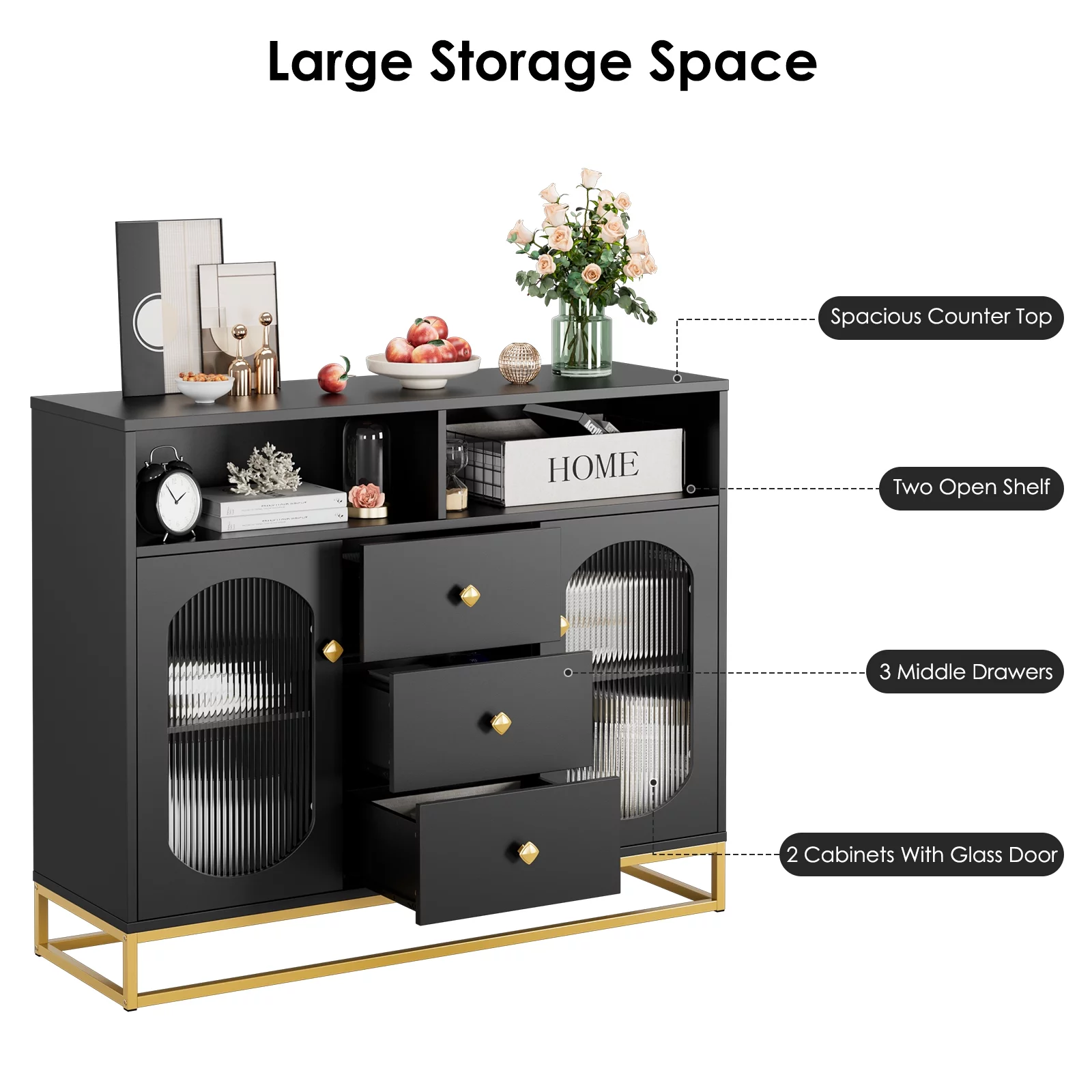Homfa Sideboard Storage Cabinet with 3 Drawers & 2 Glass Doors, 47.2'' Wide Buffet Cabinet for Kitchen Dining Room, Black