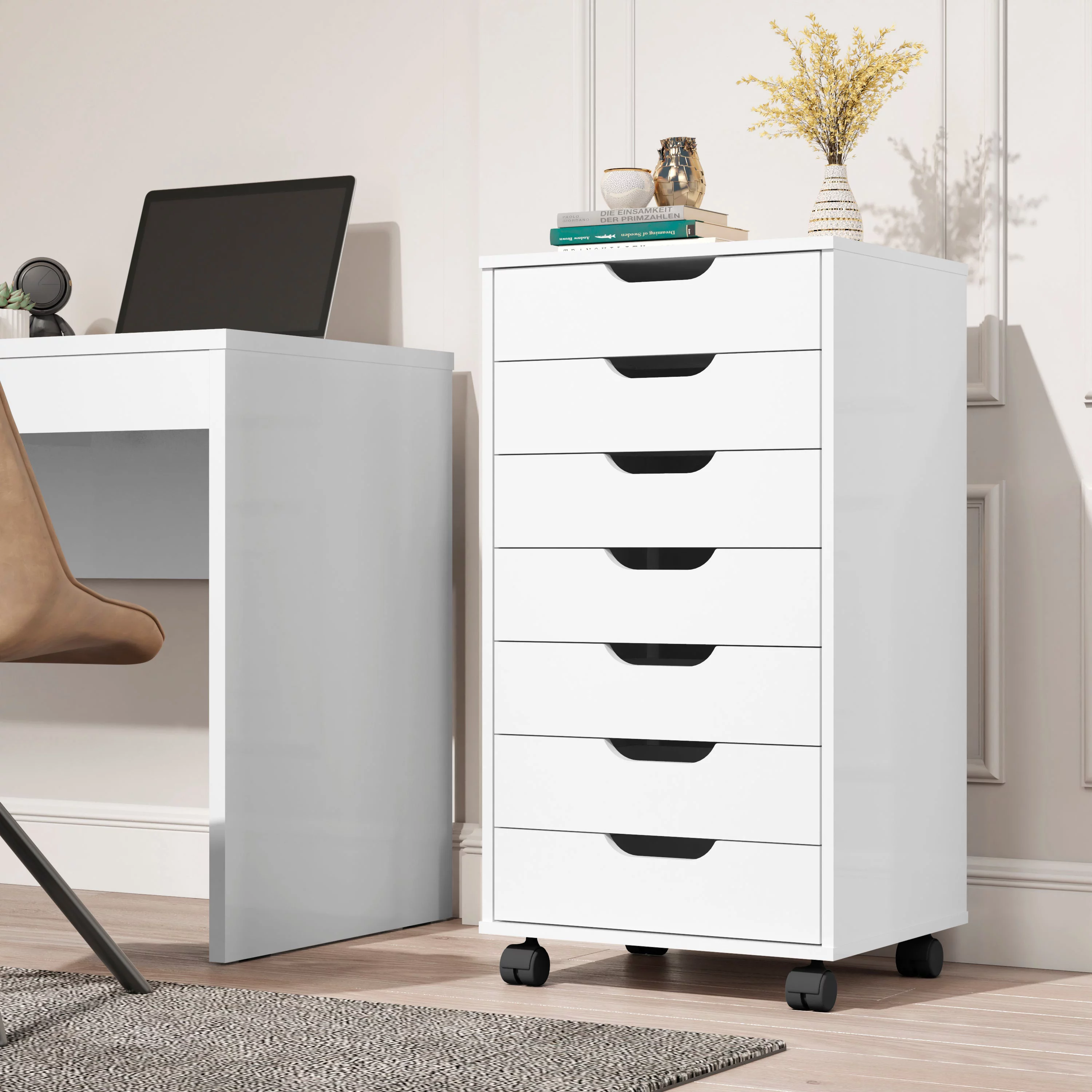 The Boahaus Angelique White 7-Drawer Dresser Chest with Caster Wheels for Adults
