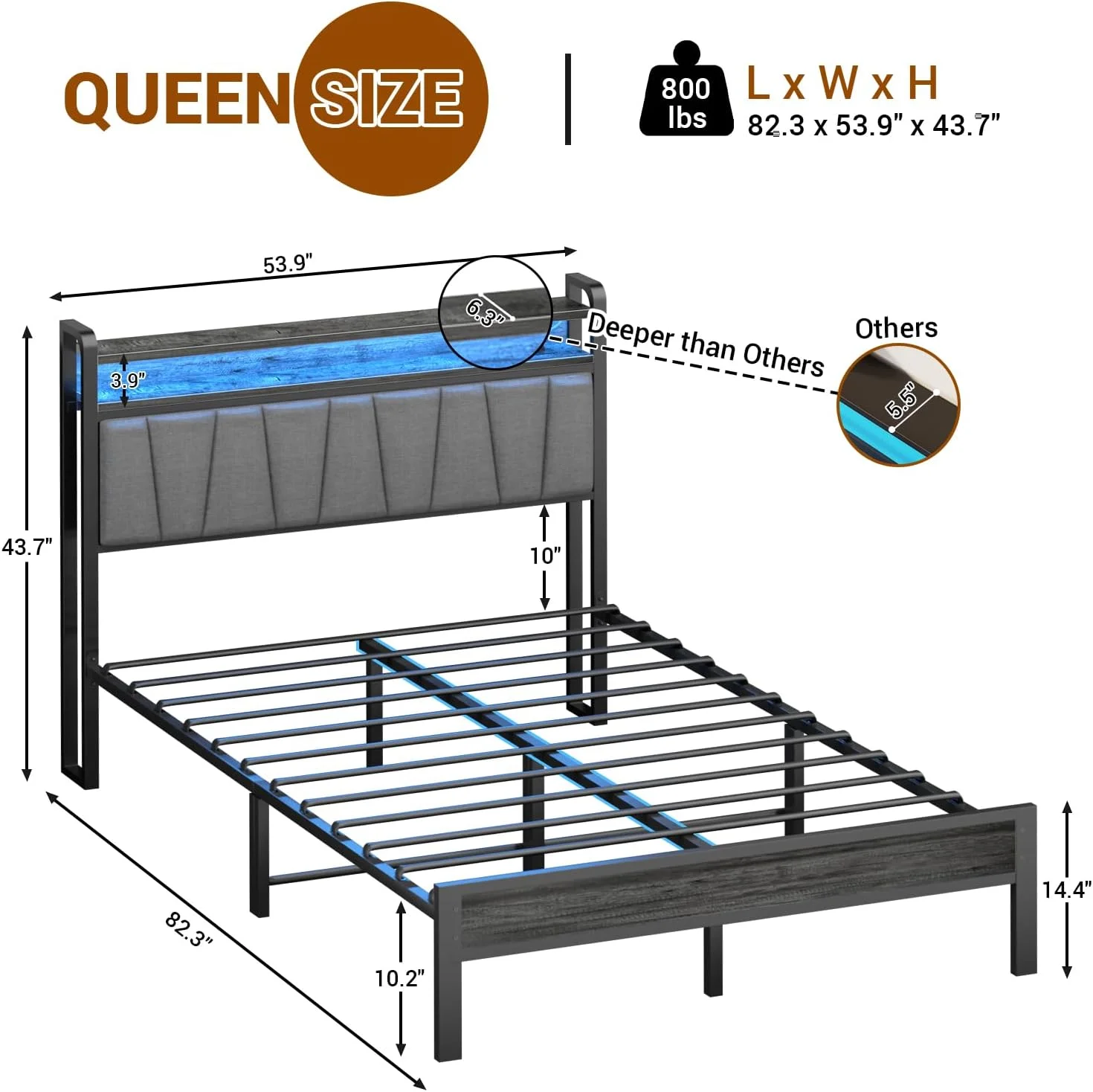 LIHONG Full Size Bed Frame with and LED Lights, Upholstered Headboard with Storage Shelves, Solid and Stable, Noise Free, Easy Assembly, No Box Spring Need, Grey Oak