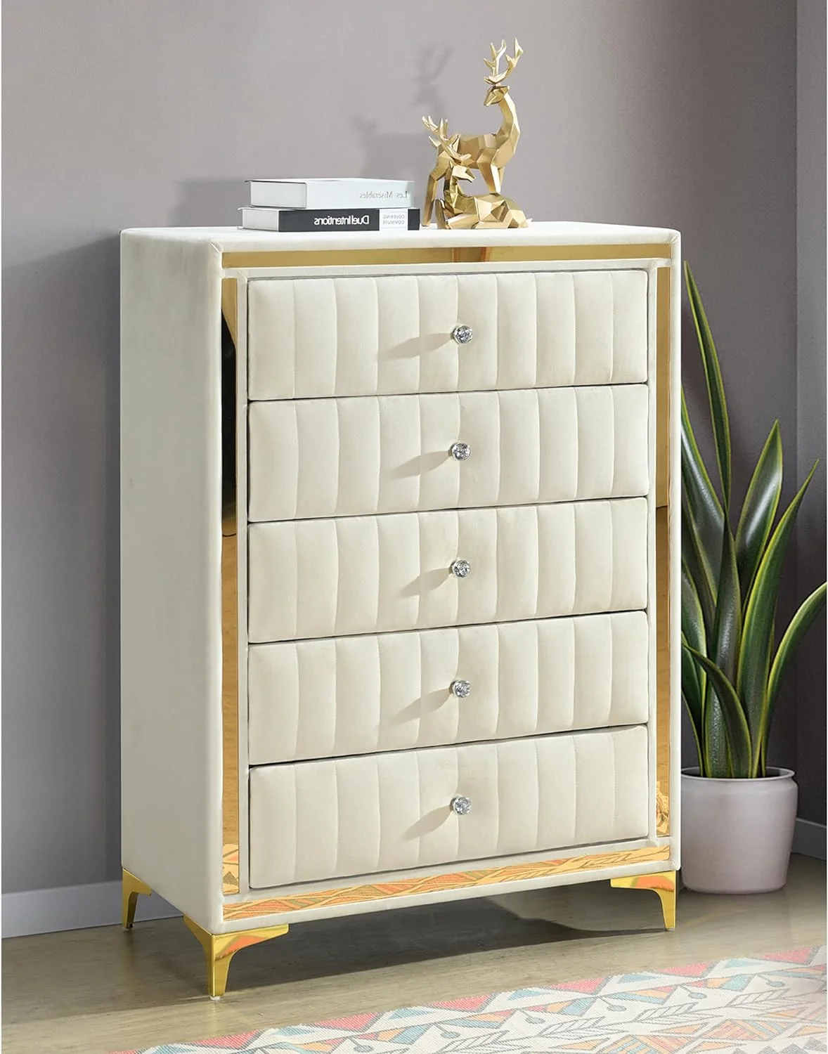 Monique Velvet Upholstered 5-Drawer Chest In Cream