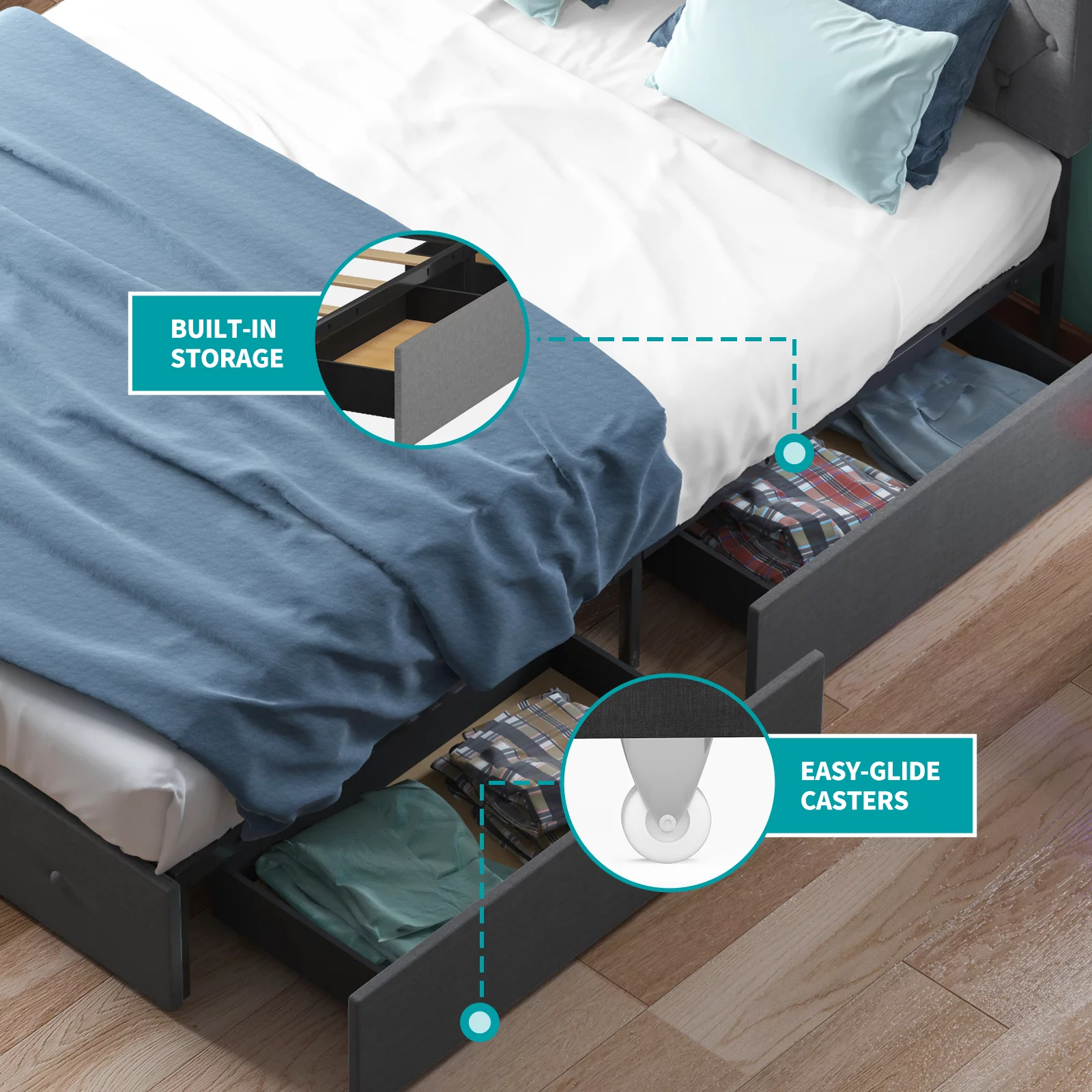 ZAFLY California King Size Platform Bed Frame with 4 Storage Drawers,Cal King Bed Frame with Fabric Headboard,Diamond Stitched Button Tufted Design,Wooden Slats Support,No Box Spring Needed, Dark Grey