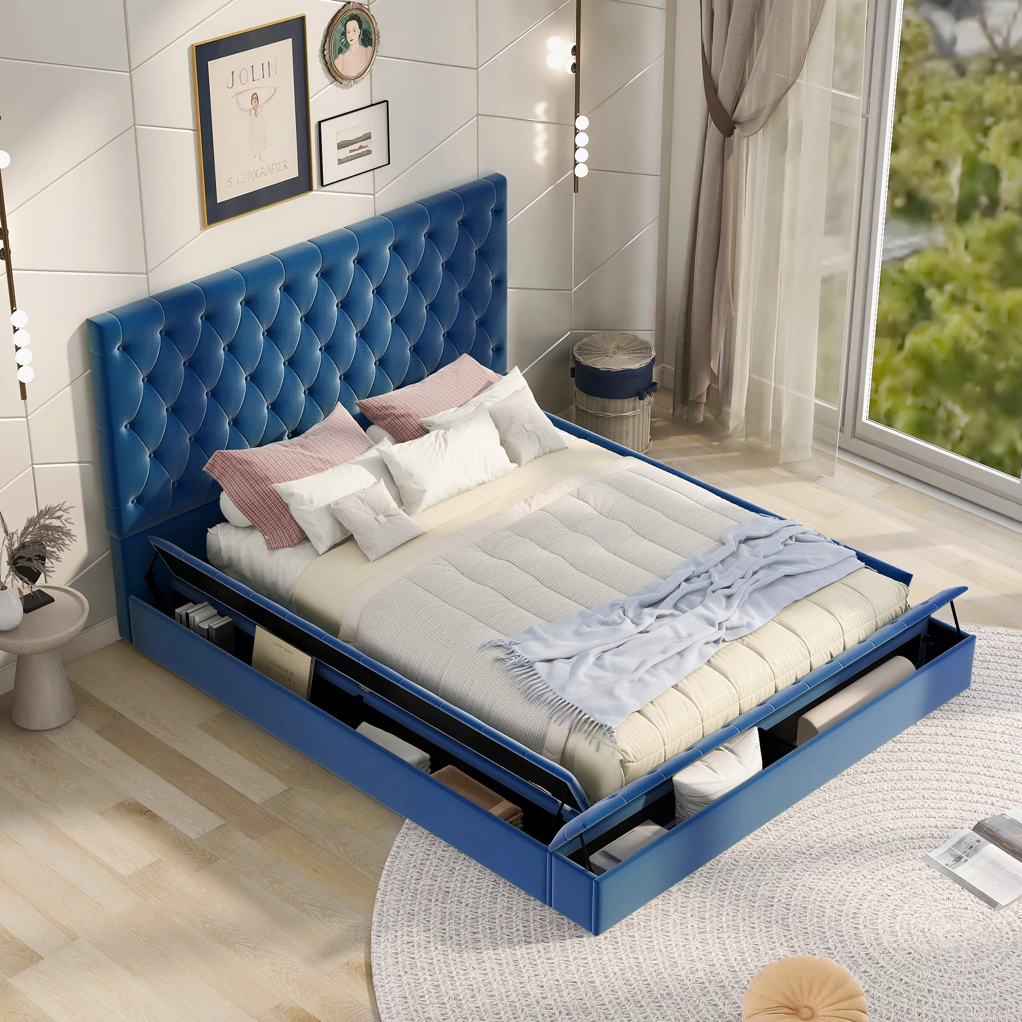 LANTRO JS Full Size Upholstery Low Profile Storage Platform Bed with Storage Space on both Sides and Footboard,Blue