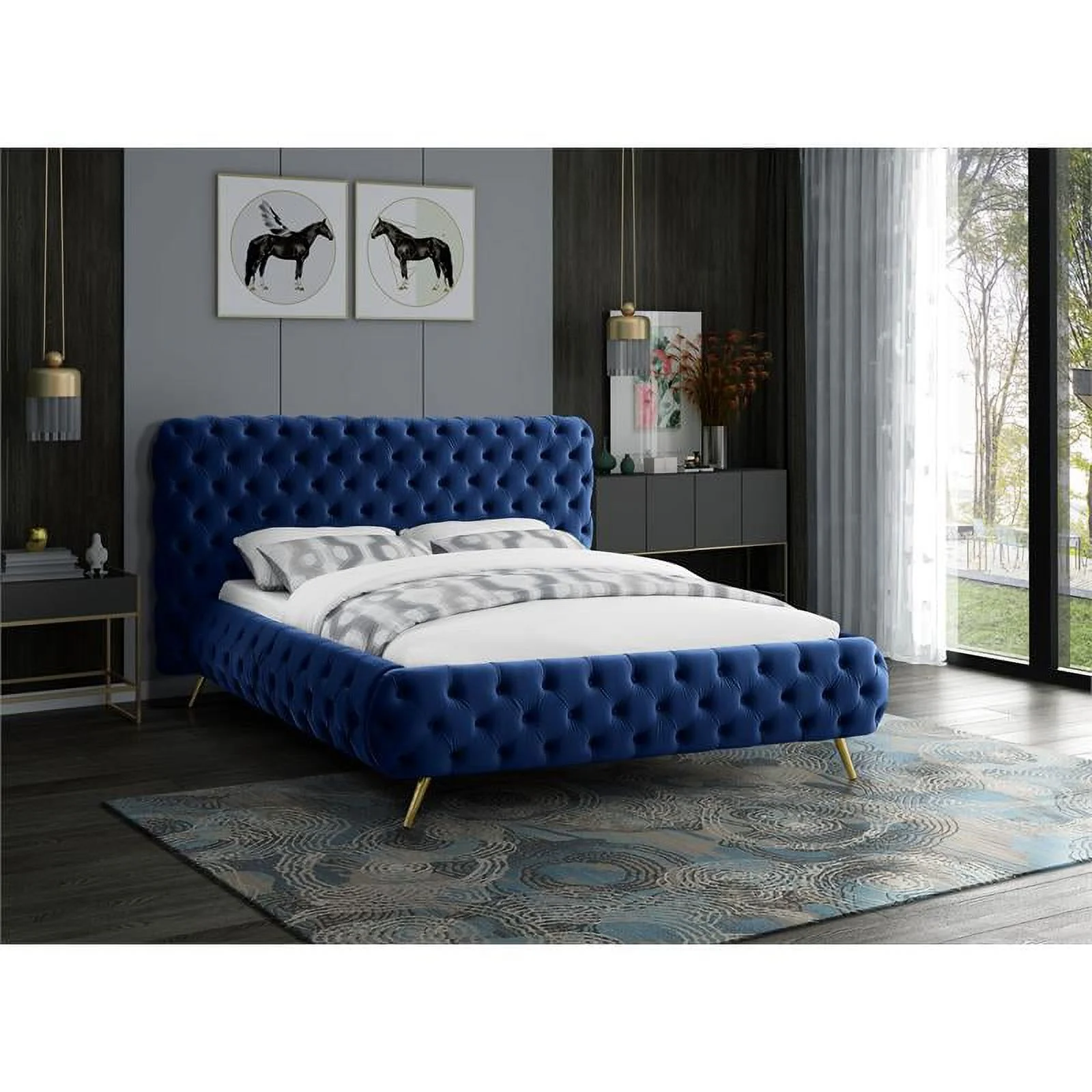 Meridian Furniture Delano Solid Wood Tufted Velvet Queen Bed in Navy