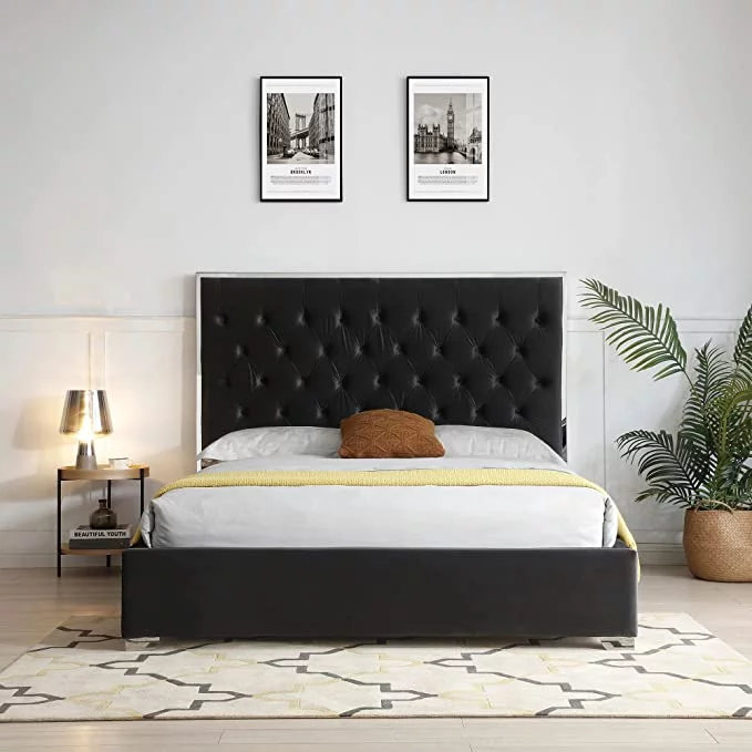Sophia Velvet Queen Bed with Silver Metal Frame