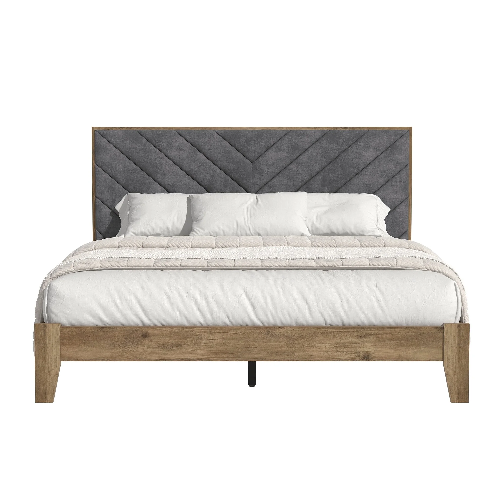 GALANO  Vancus Knotty Oak with Velvet Grey Upholstered Queen Platform Bed with Headboard