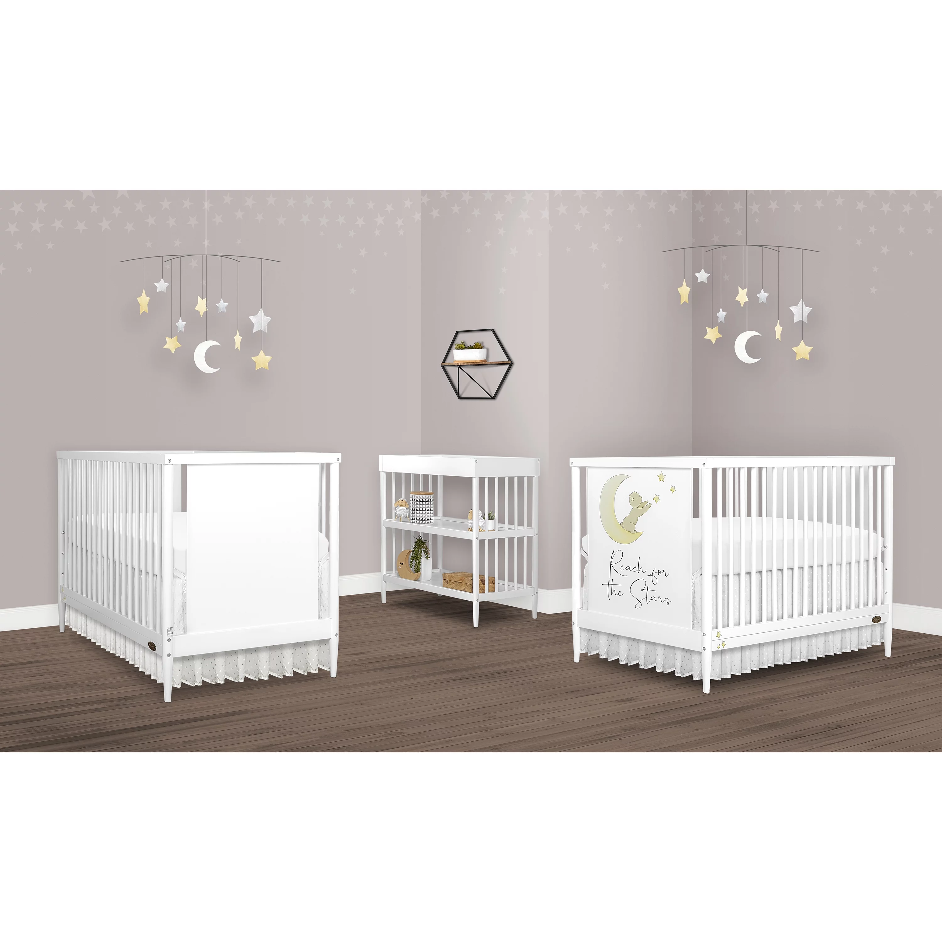 Dream On Me Moon Bear Reaching For The Stars 4 In 1 Modern Island crib With Rounded Spindles I Convertible Crib I Hand Printed Mural On One End Panel I Mid- Century Meets Modern in White Finish