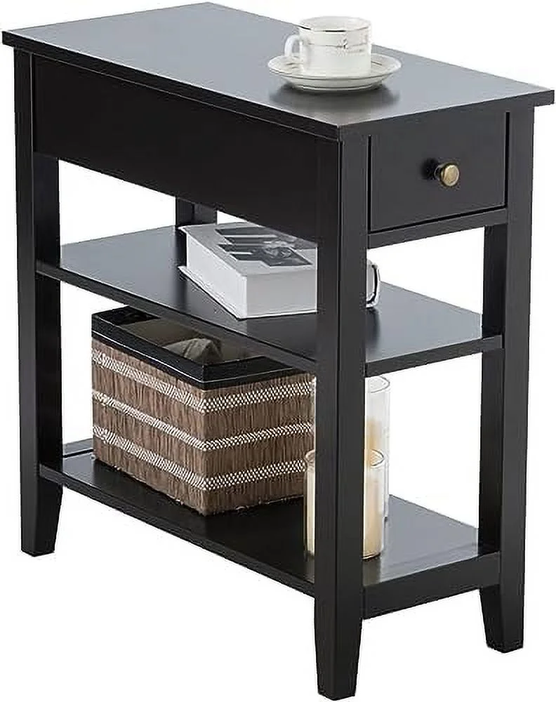 Narrow End Table Set of 2 Slim Side Table with Drawer & 2 Open Shelves Small Nightstand for Small Space Living Room Bedroom Office (Black Set of 2)