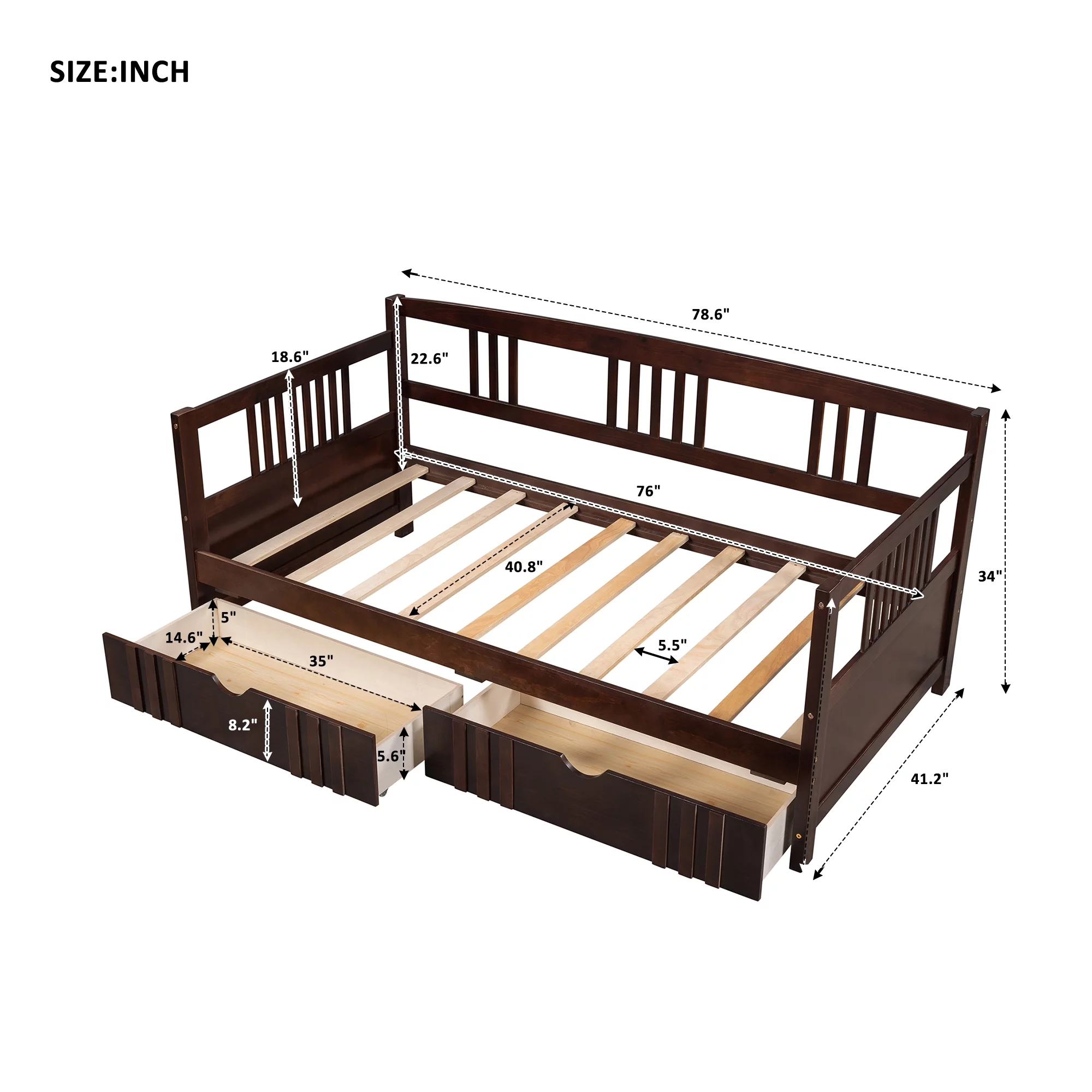 ASTARTH Wooden Twin Daybed Frame with 2 Drawers,Wooden Sofa Bed for Bedroom Living Room,Twin Size Daybed with Storage Drawers & Trundle (Espresso)