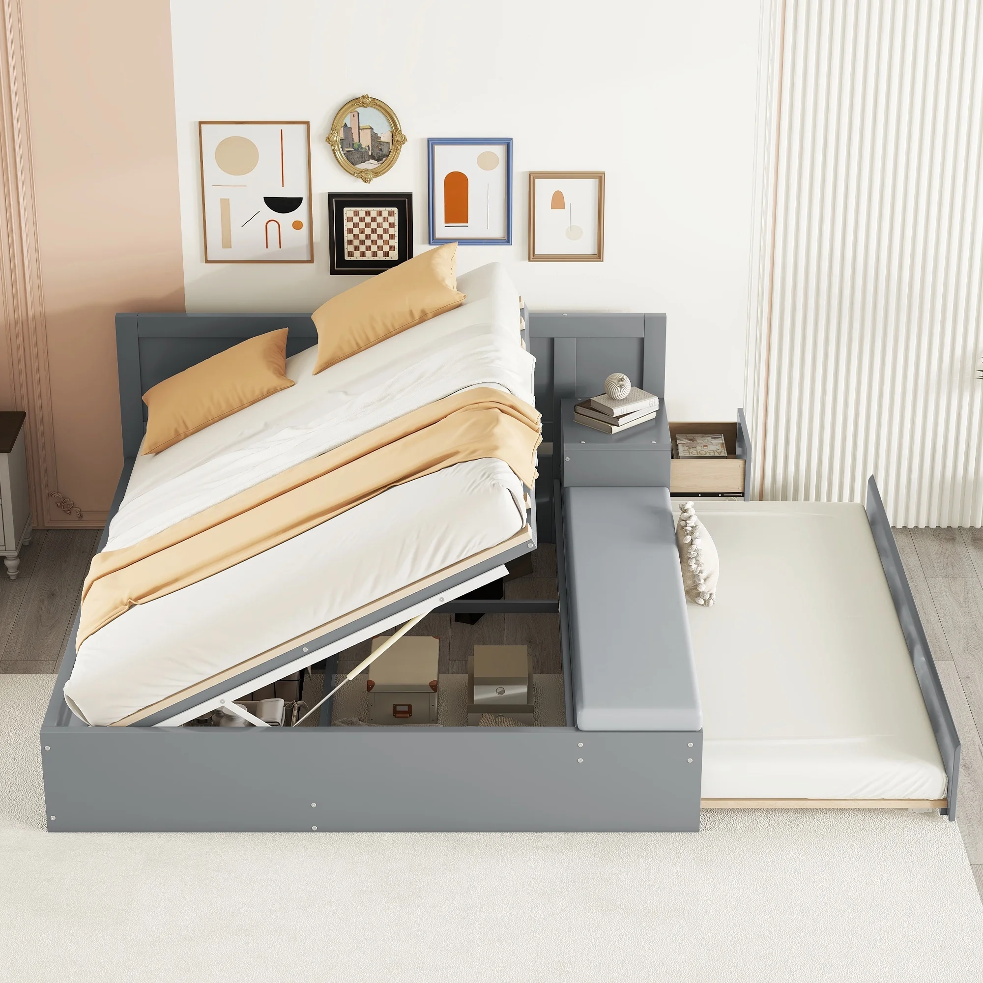 EUROCO Wood Full Size Storage Platform Bed with Desk and Trundle, Lift Up Hydraulic Storage Bed with Upholstery Cushion, Gray