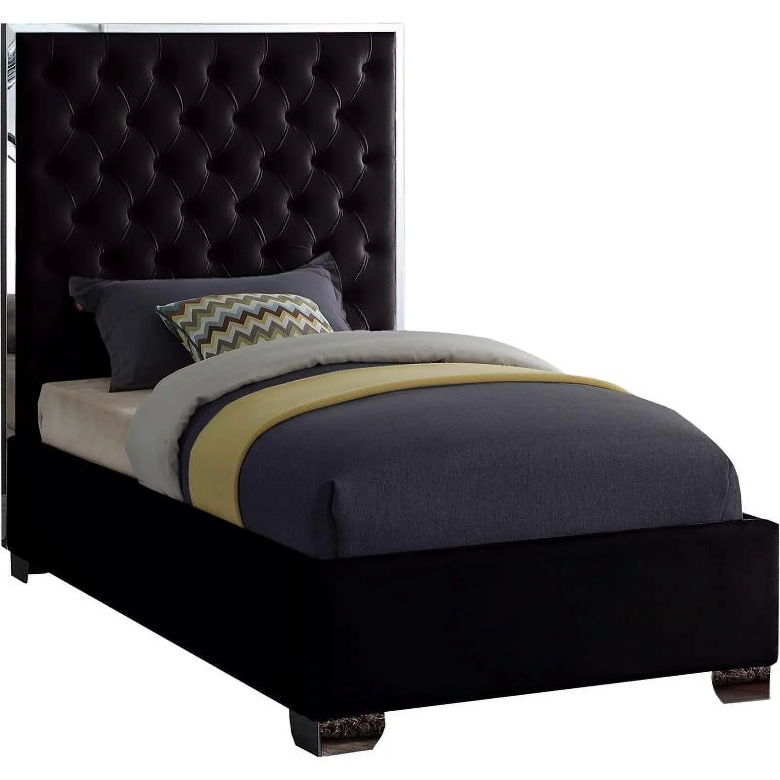 Maklaine Contemporary Solid Wood and Velvet Twin Bed in Black