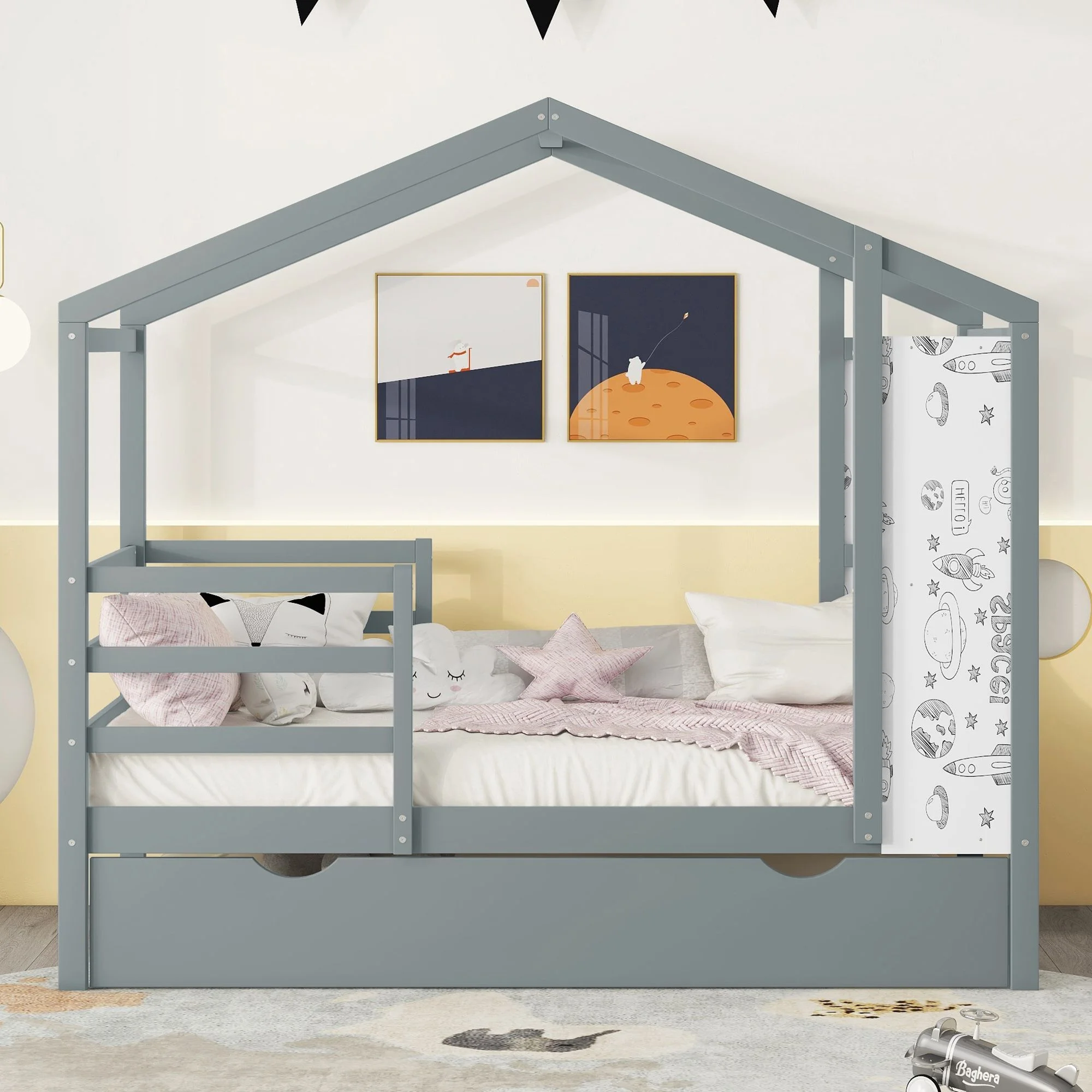 Solid Wood Bed Frame with Fence and Writing Board, Platform Bed Frame, Mid Century Bedframe, Wood House Bed, Wood Foundation(Gray, Twin)