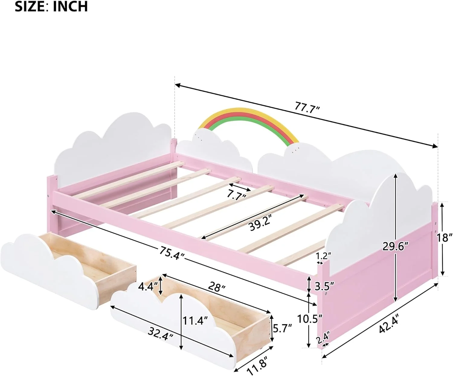 Size Daybed Wih 2 Sorage Drawers, Wood Kids Bed Frame Wih Clouds Ad Raibow Decor, Sorage Bed Frame For Kids Girls Boys, o Sprig Box Required, Whie+