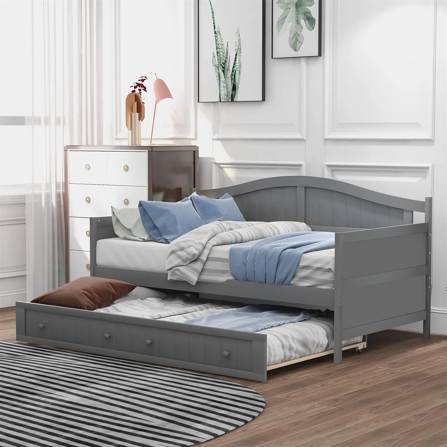 Daybed With Trundle Wood Day Bed Frame For Living Room Bedroom Dual-Use Sofa Beds For Kids Guests Sleepovers, Size, Gray