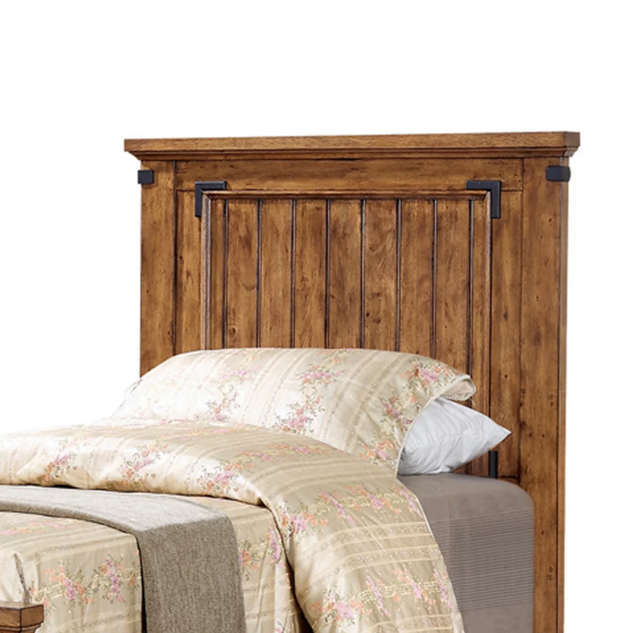 Cottage Style Twin Size Bed with Plank Detailing and Metal Accents, Brown- Saltoro Sherpi