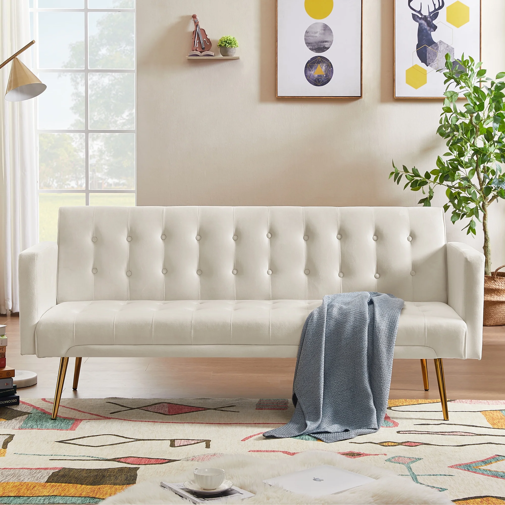 SYNGAR Couches for Living Room, Velvet Upholstered Convertible Sofa Bed with Armrests, Metal Legs, Adjustable Backrest, Mid Century Futon Sofa and Couch for Home Apartment Living Room, Beige