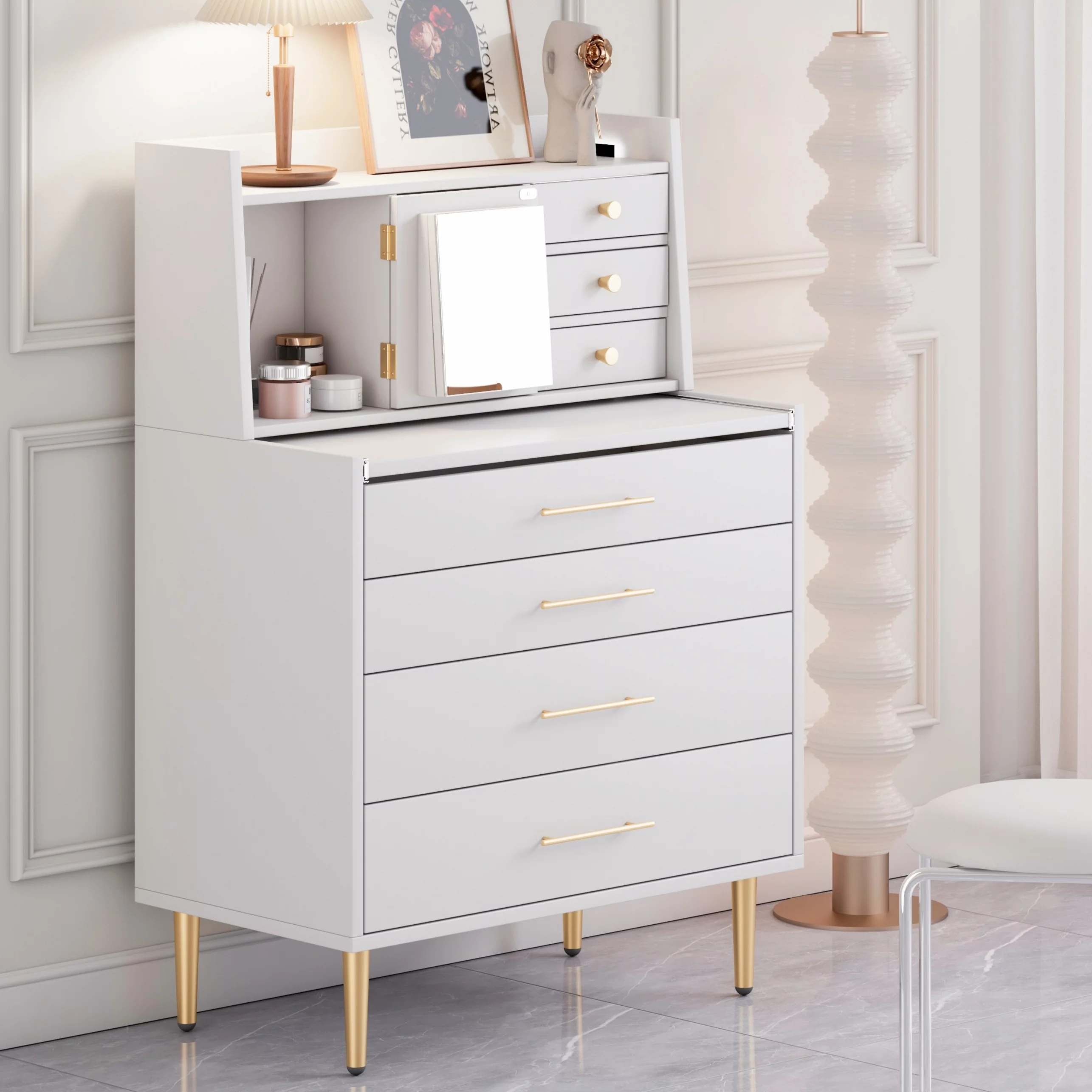CoSoTower Vanity Makeup Table with Mirror and Retractable Table, Storage Dresser for Bedroom with 7 Drawers and Hidden Storage,White