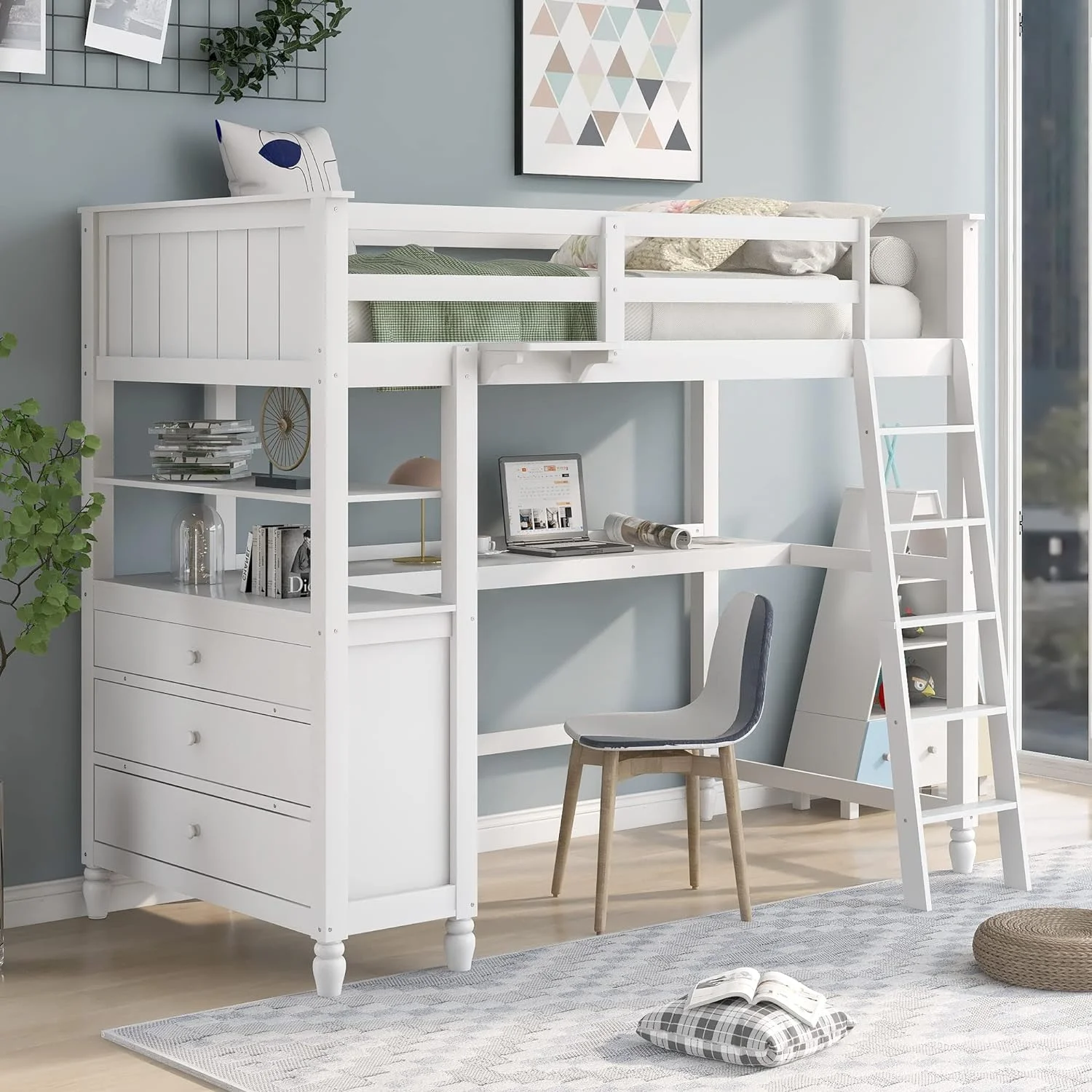 Lof Bed Wih Desk Solid Wood Size Lof Bed Frame Wih 3 Drawers Ad 2 ier Shelves For Kids ees Boys Girls, o Box Sprig eeded (Whie)