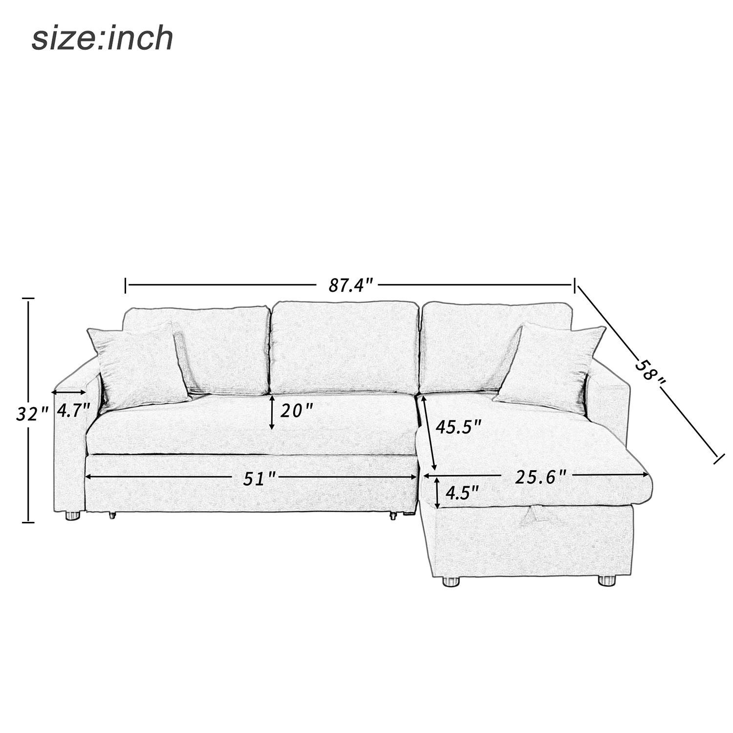 Churanty Upholstery Sleeper Sectional Sofa Pull Out Bed with Storage Chaise,Gray