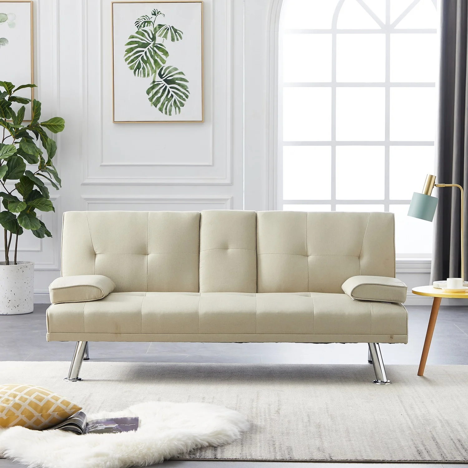 Dubbin Velvet Convertible Futon Sofa Bed with Removable Armrests,Metal Legs,and Cupholders - Beige