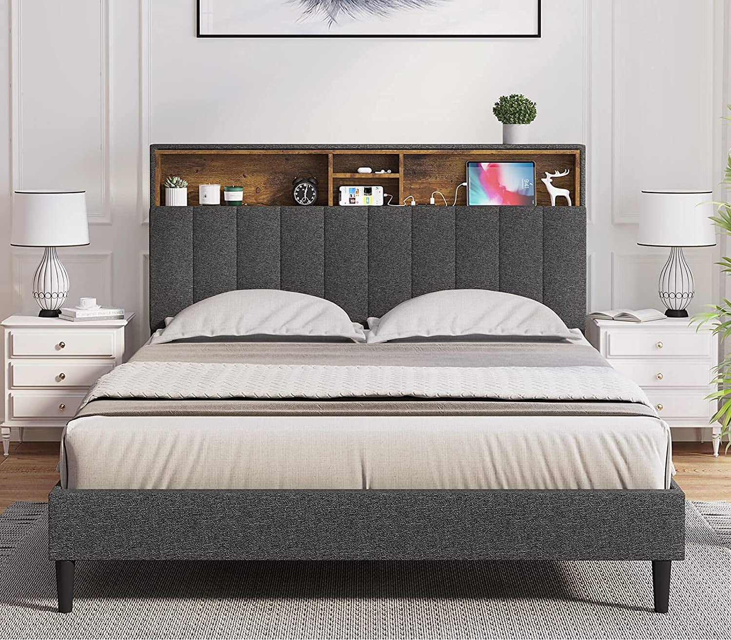 Msmask Full Size Platform Bed Frame with Outlets and Storage Headboard,Height Adjustable Fabric Upholstered Bed, Dark Grey