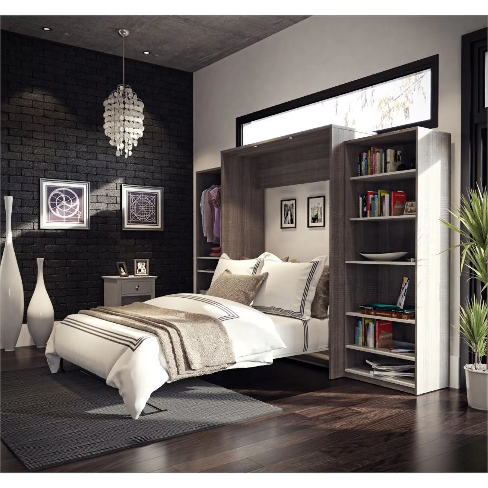 Atlin Designs Wood Queen Murphy Bed with 2 Closet Organizers in Bark Gray/White