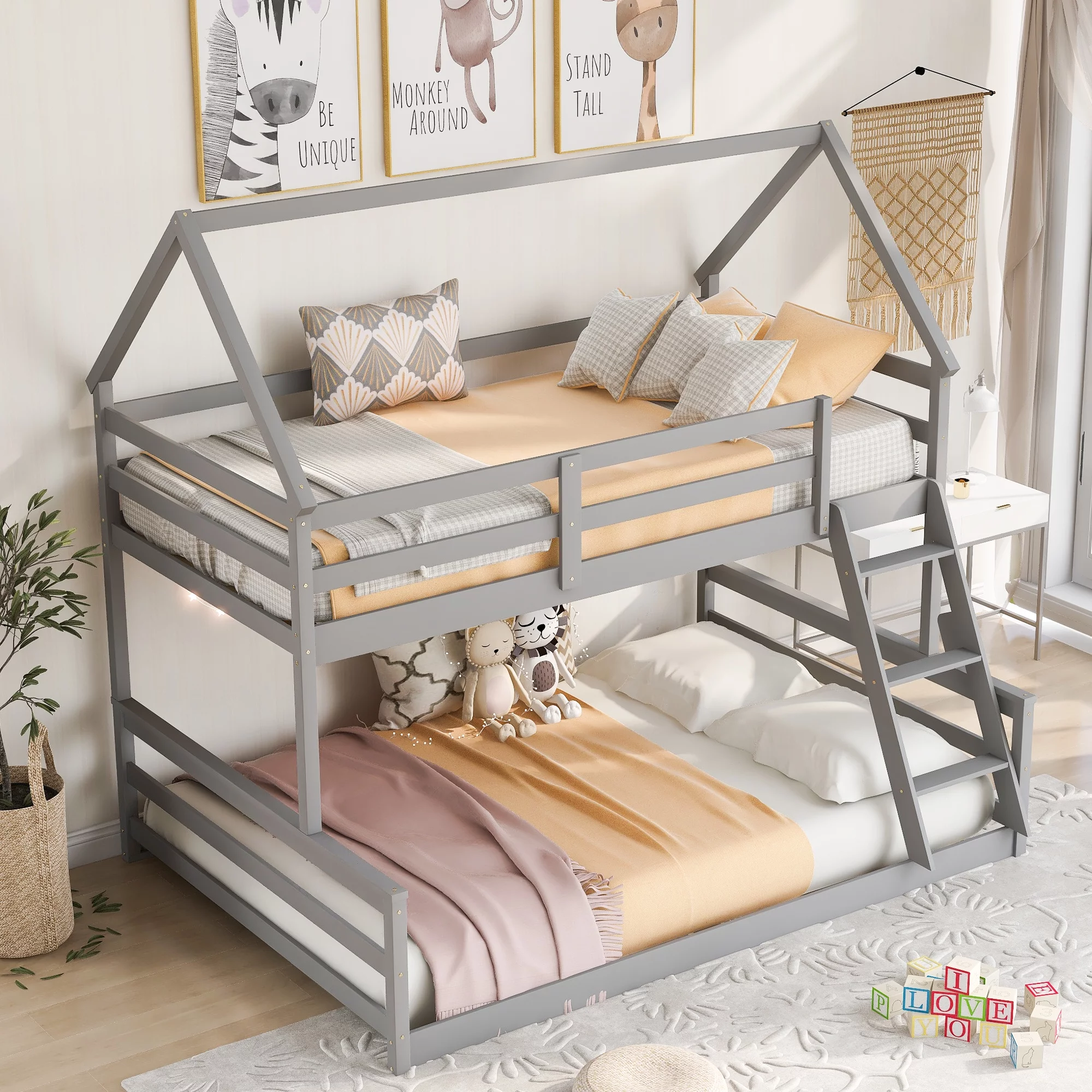 Twin Over Full Bunk Bed with Built-in Ladder, Floor Bunk Bed with Roof, Wooden House Bunk Bed for Kids Teens Adults