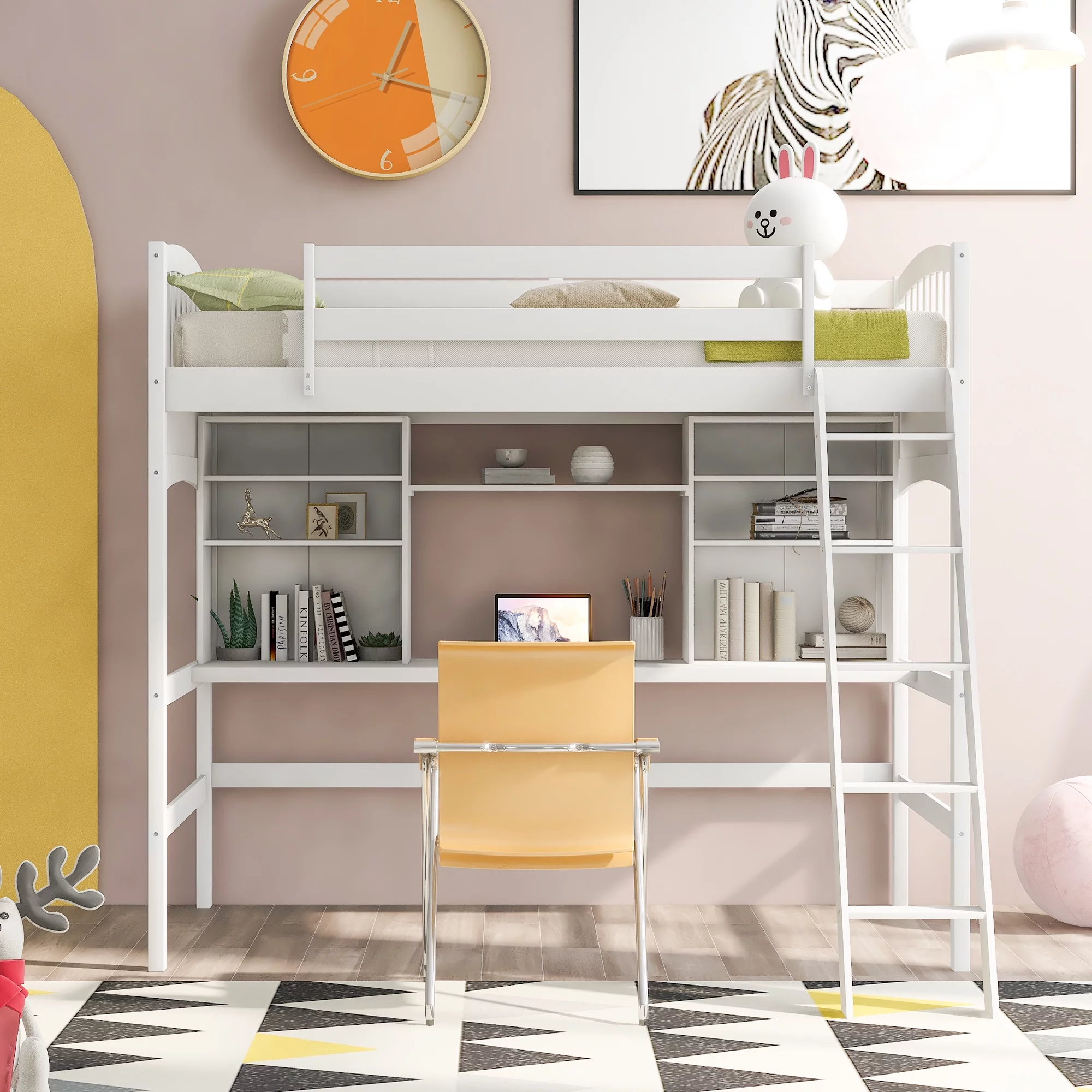 ikayaa Twin size Loft Bed with Storage Shelves, Desk and Ladder, White