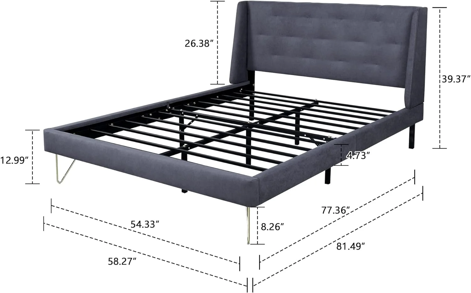 PINJU Upholstered Platform Bed Frame with Trapezium Wingback/Triangular Silver footers in Light Luxury Style/Strong Slat Platform Support/No Box Spring Needed (Dark Gray  Full)