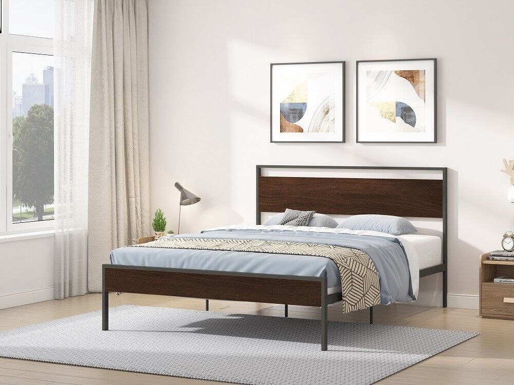 Metal Bed, Black with Walnut Wood Headboard&Footboard, Queen