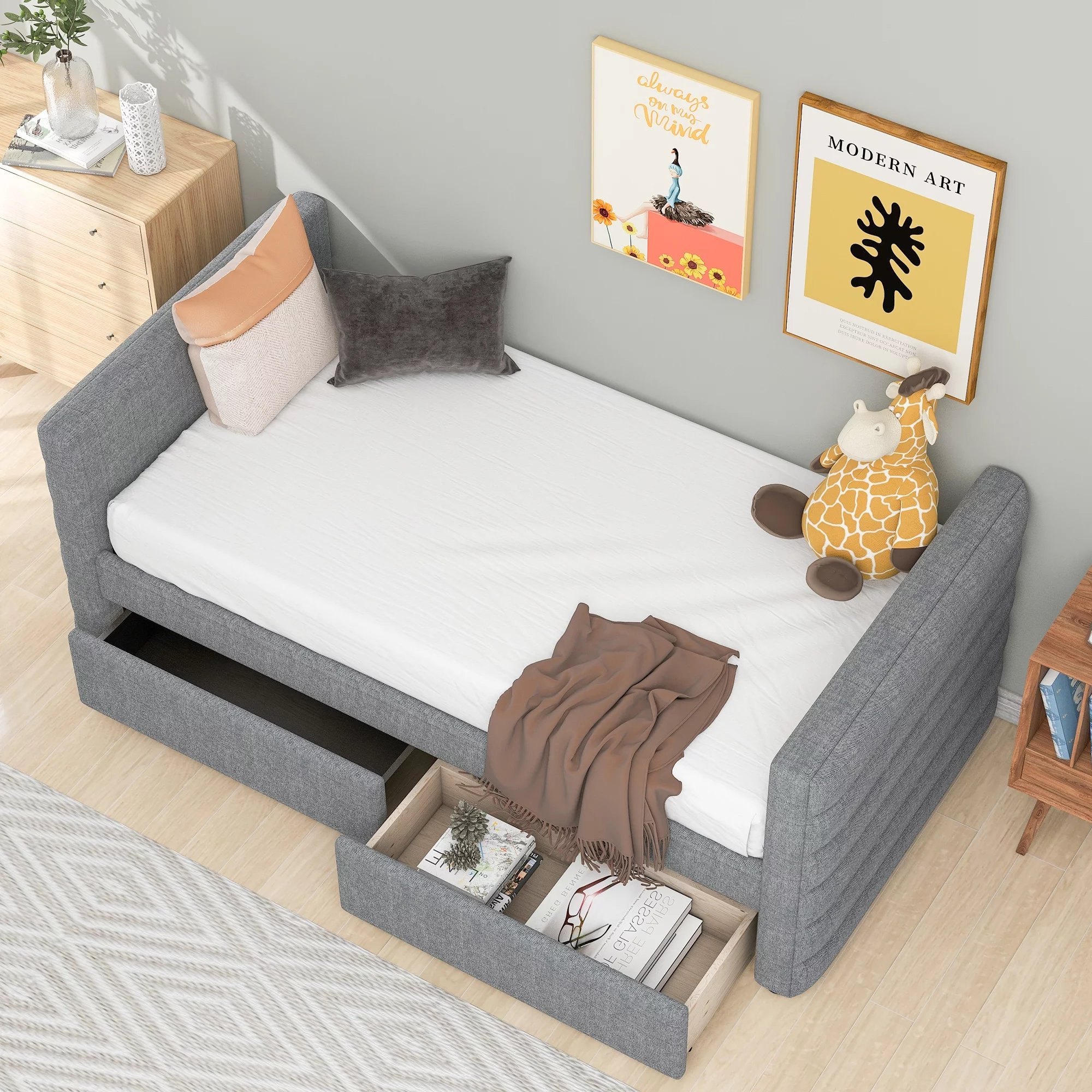 Euroco Twin Size Upholstered Daybed with 2 Drawers for Kids Room