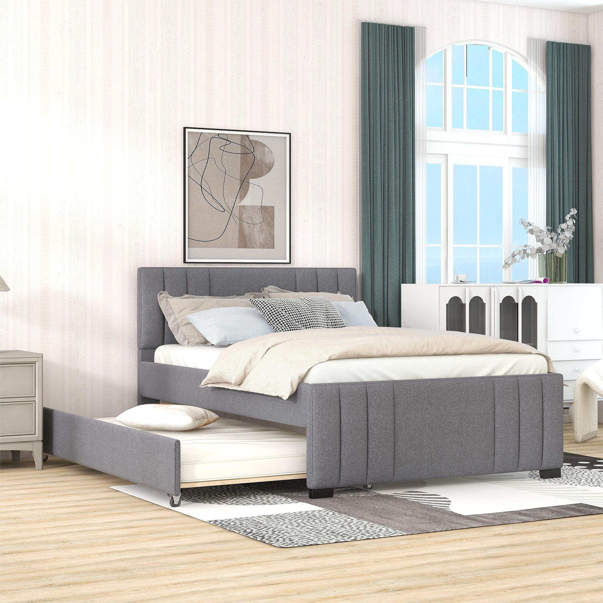 Full Size Upholstered Platform Bed with Trundle, Wooden Bedframe w/Headboard for Kids Teens Bedroom, No Box Spring Required,Grey