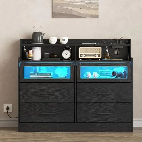 KHBIULIFE Black 6 Drawer Dresser for Bedroom Wide Chest of Drawers with Fence&Led Lights Modern Wood Dresser with Charging Station Closet  Dresser for Living Room Hallway Entryway