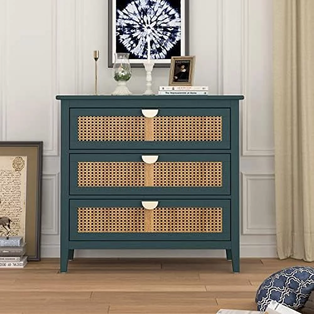KHBIULIFE Rattan Dresser Cabinet with 3 Drawers Modern Nightstand End Table Coffee Table Suitable for Bedroom Living Room Study(Blue)