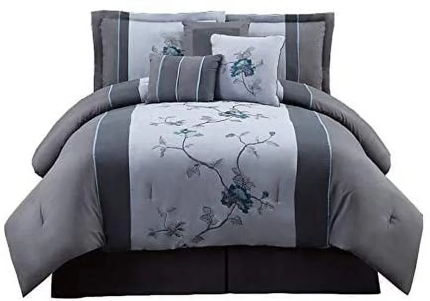 Chezmoi Collection Vienna 7-Piece Gray Blue Embroidered Floral Comforter Set, King Size King Gray Blue