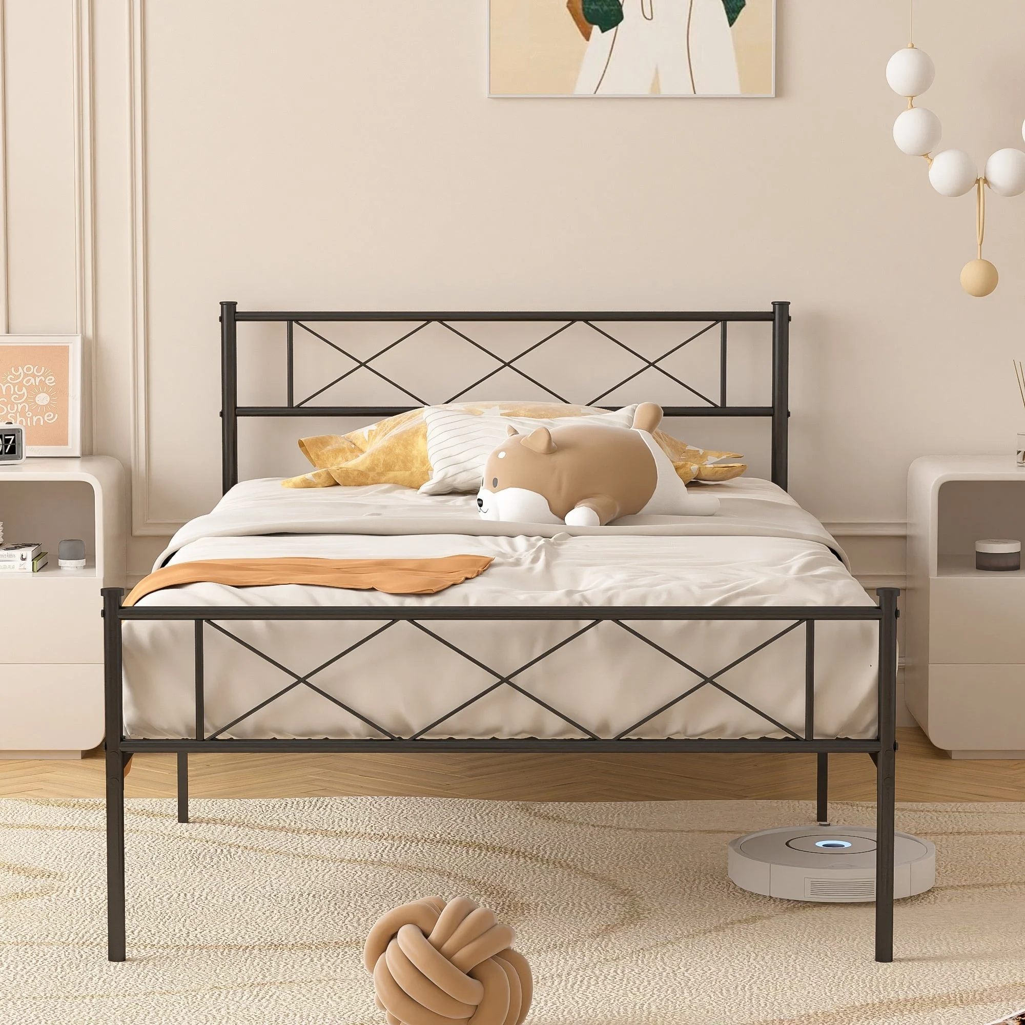 Javlergo Twin Size Metal Bed Frame with Headboard and Footboard for Girls/Kids, No Box Spring Needed Black