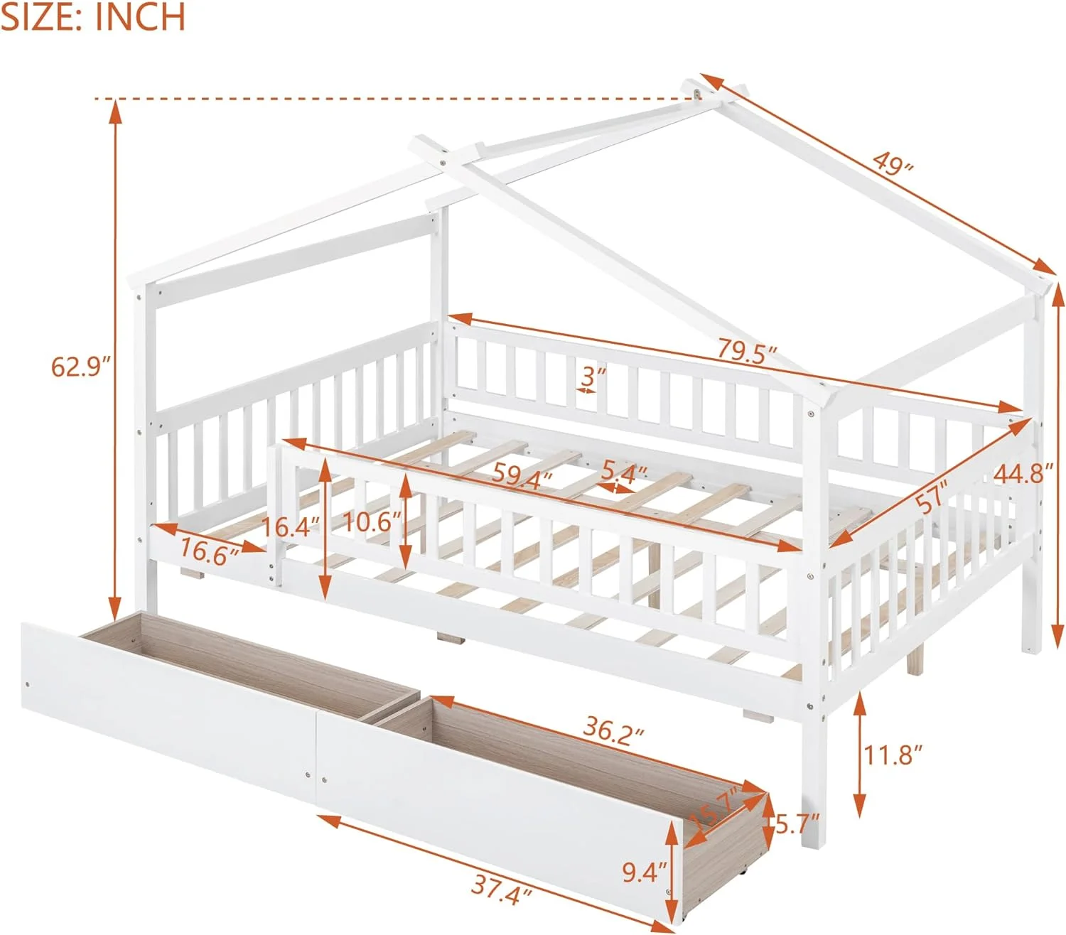 Full House Daybed With Storage Drawers For Kids, Wood House Platform Bed Frame For Boys Girls, Full-Legth Fece, o Boxig Sprig eeded, White