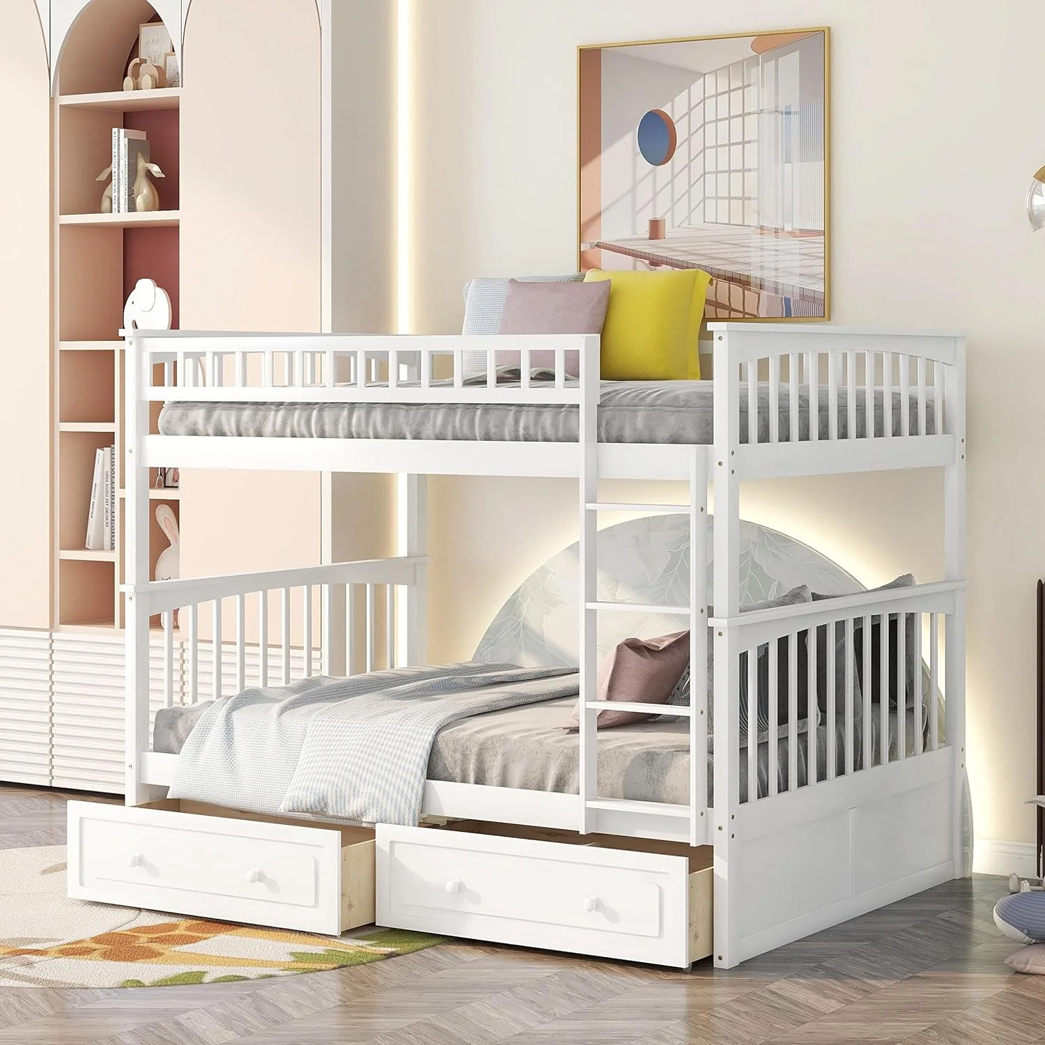 Kids Bunk Beds With 2 Drawers, Solid Wood Convertible Two Full Size Daybeds, Full Over Full Teens Bedroom Bed, Frame With Ladder, Safety Rail For Teens Adults (White)