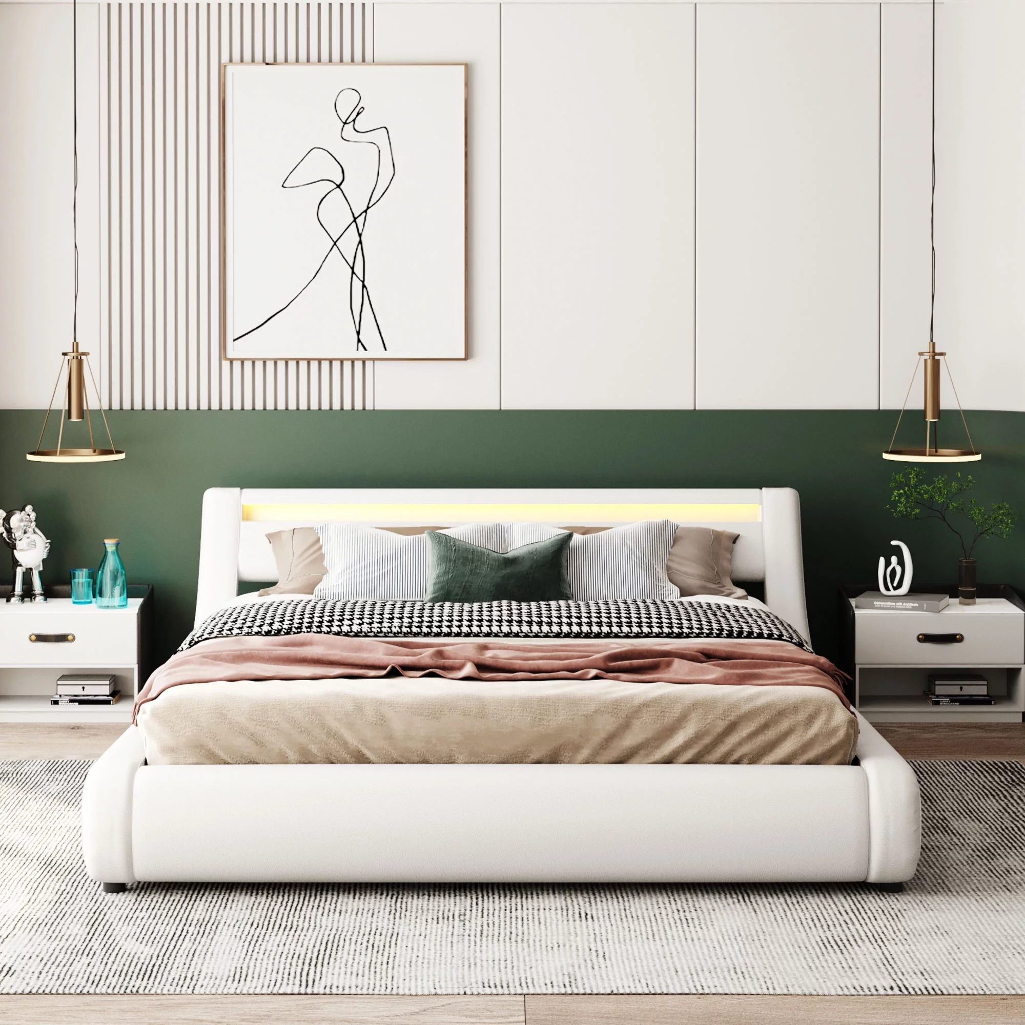 Dcenta Upholstered Leather Platform bed with a Hydraulic Storage System with Headboard Bed Frame with Slatted Queen Size