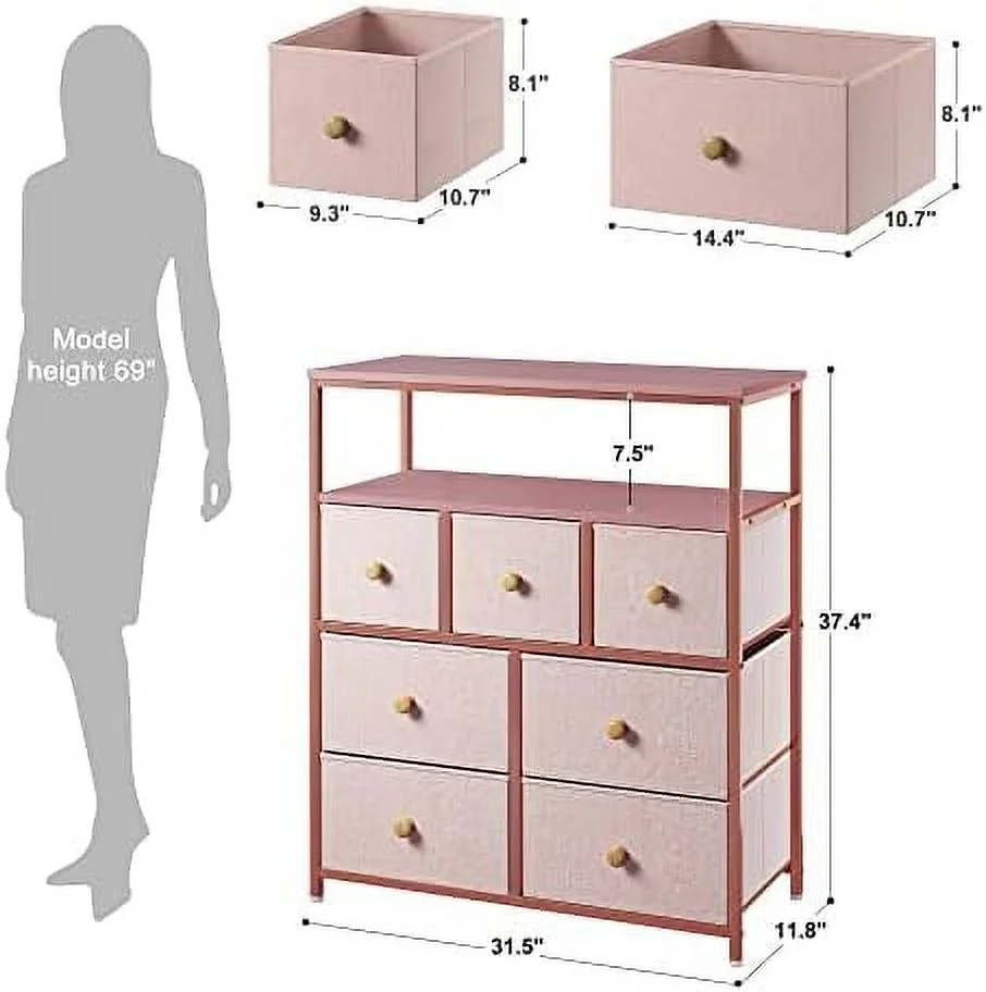 Pink Dresser  Dresser for Bedroom with 7 Drawers  Chests of Drawers & Fabric Dresser for Bedroom with Wood Top and Metal Frame  Dresser for Living Room  Closet  Entryway