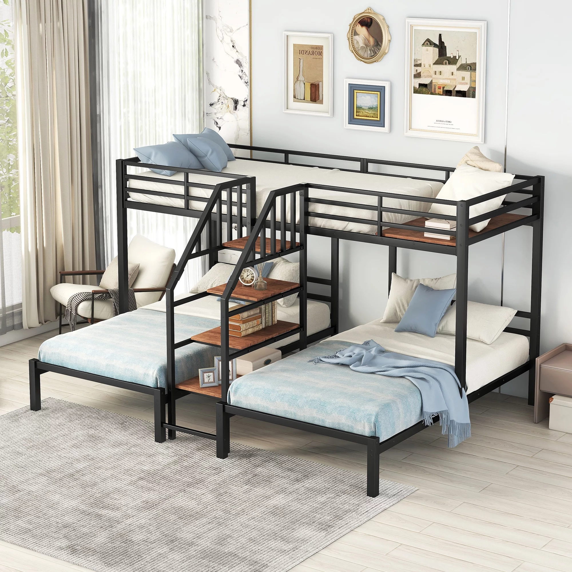 Churanty L-Shaped Triple Bunk Beds for 3 Kids, Twin Over Twin and Twin Metal Bunk Bed Frame with Storage Shelves Staircase, Black