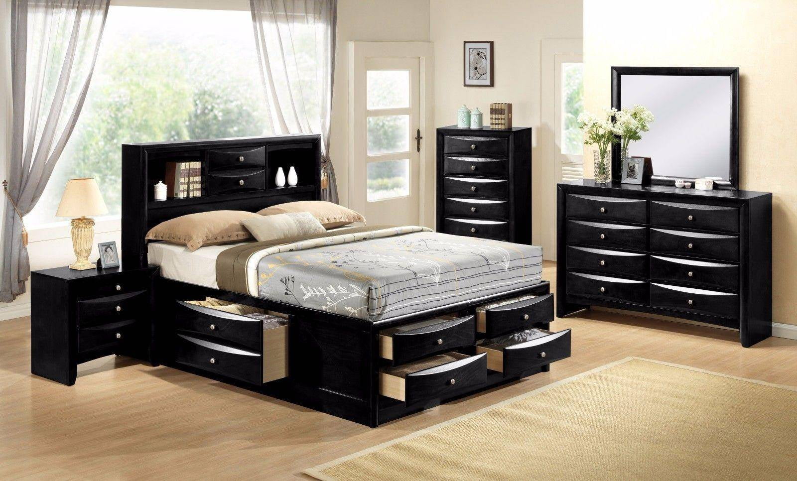 Traditional Black Finish 5pc King Size Bed 8 Storage Drawers Nightstand Dresser Mirror Hardwood