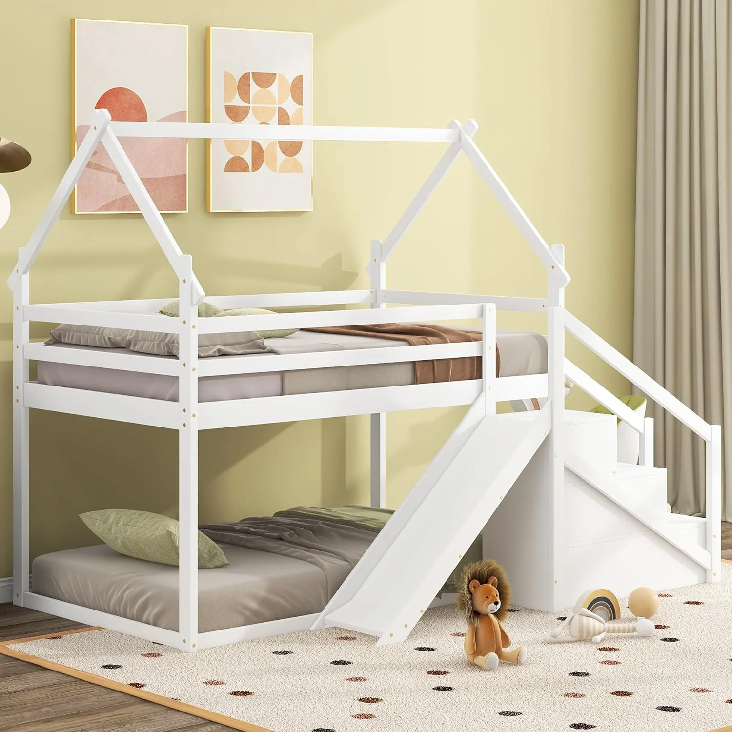 Twin Over Twin House Loft or Bunk Bed with Slide and Staircase, Bunk Bed for Kids with Stairs, Wooden Bunk Bed with Roof for Bedroom Furniture, White
