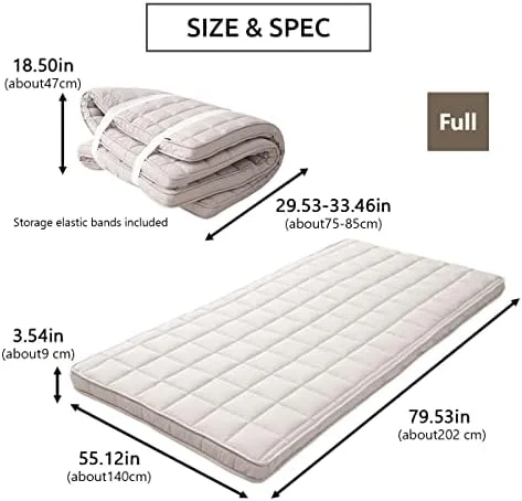 RUNFAYBIU Japanese Padded Futon Mattress Machi Twin Gray  Gusset Foldable Storable Elastic Bands Floor Sleeping Guest Bed Tatami Mat