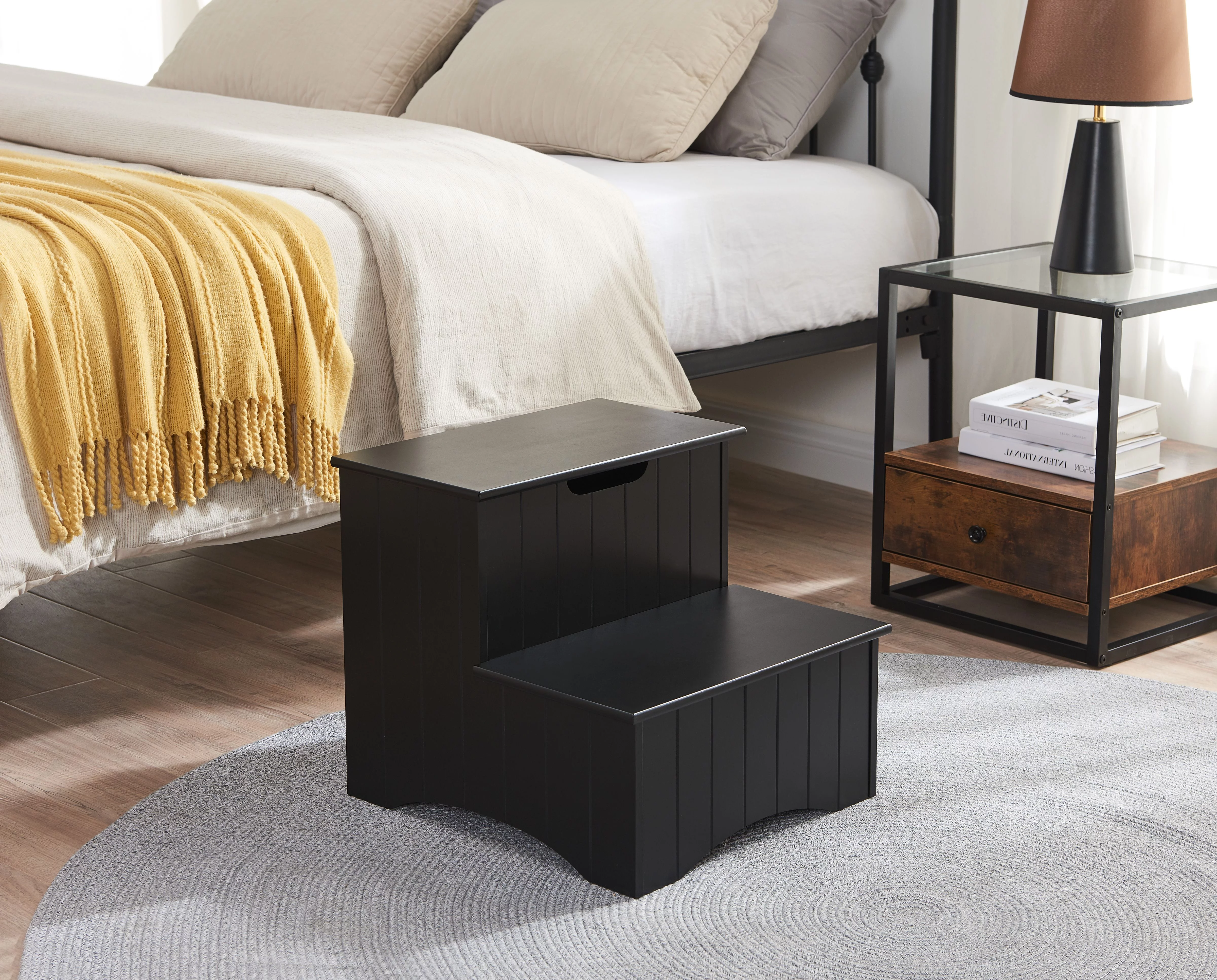 Elgin Contemporary Wooden Bedroom Step Stool with Storage, Black