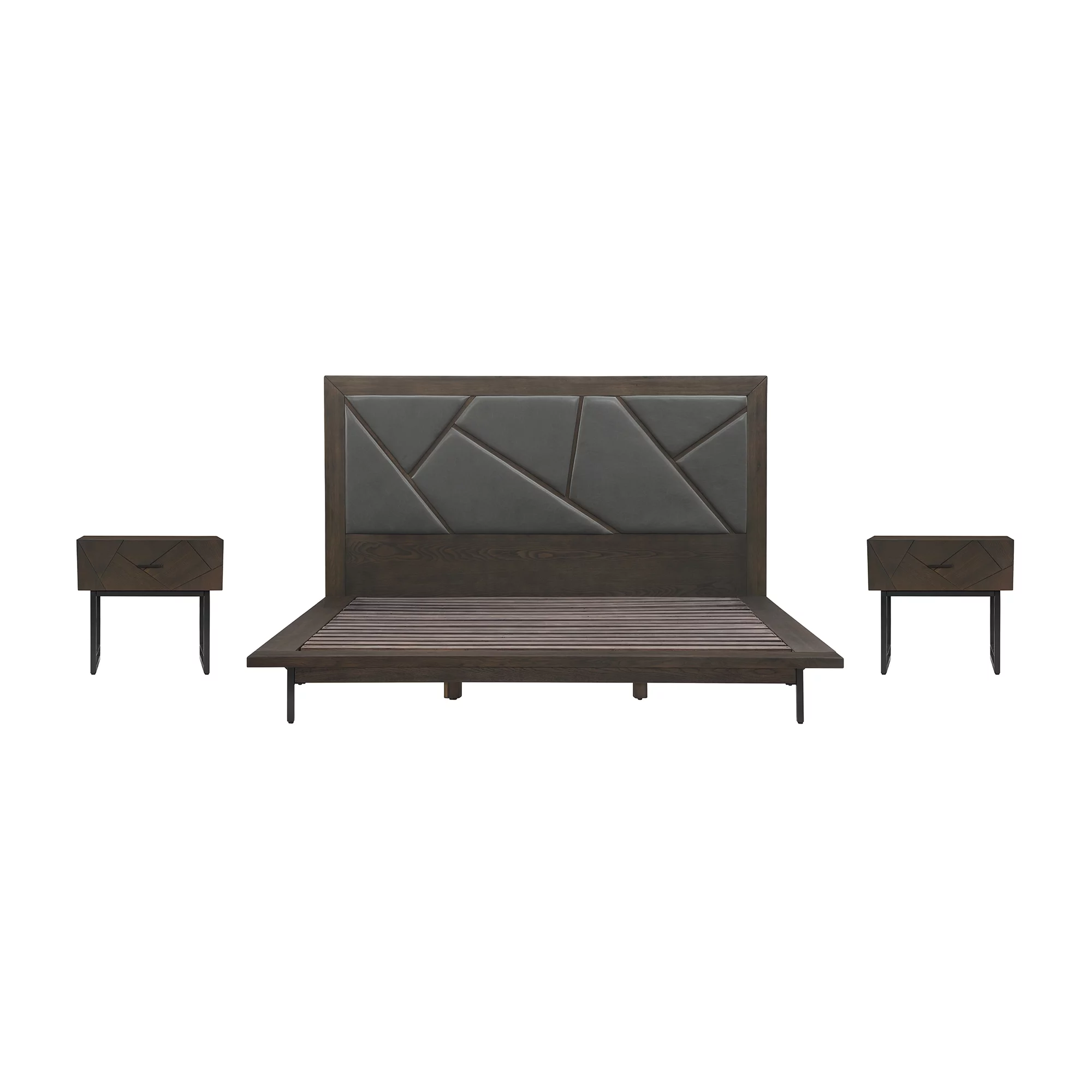 Marquis 3 Piece King Size Platform Bed Frame Bedroom Set in Oak Wood with Faux Leather Headboard