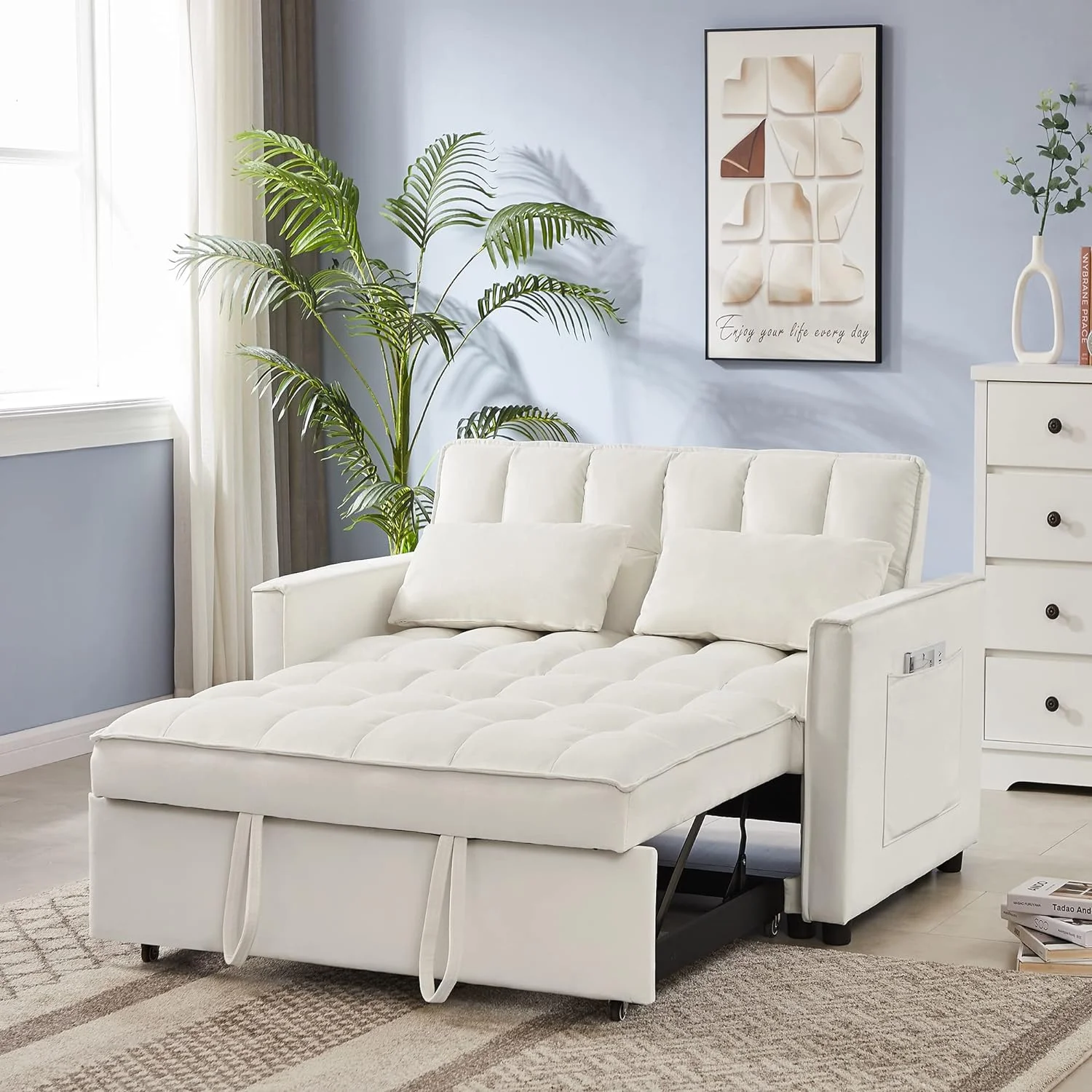 Pull Out Bed Sleeper Sofa Bed With Toss Pillows,Velvet Loveseat Futo Sofa Couch With Pockets,Loveseat Sofa Couch With Adjsutable Backrest For Livig Room