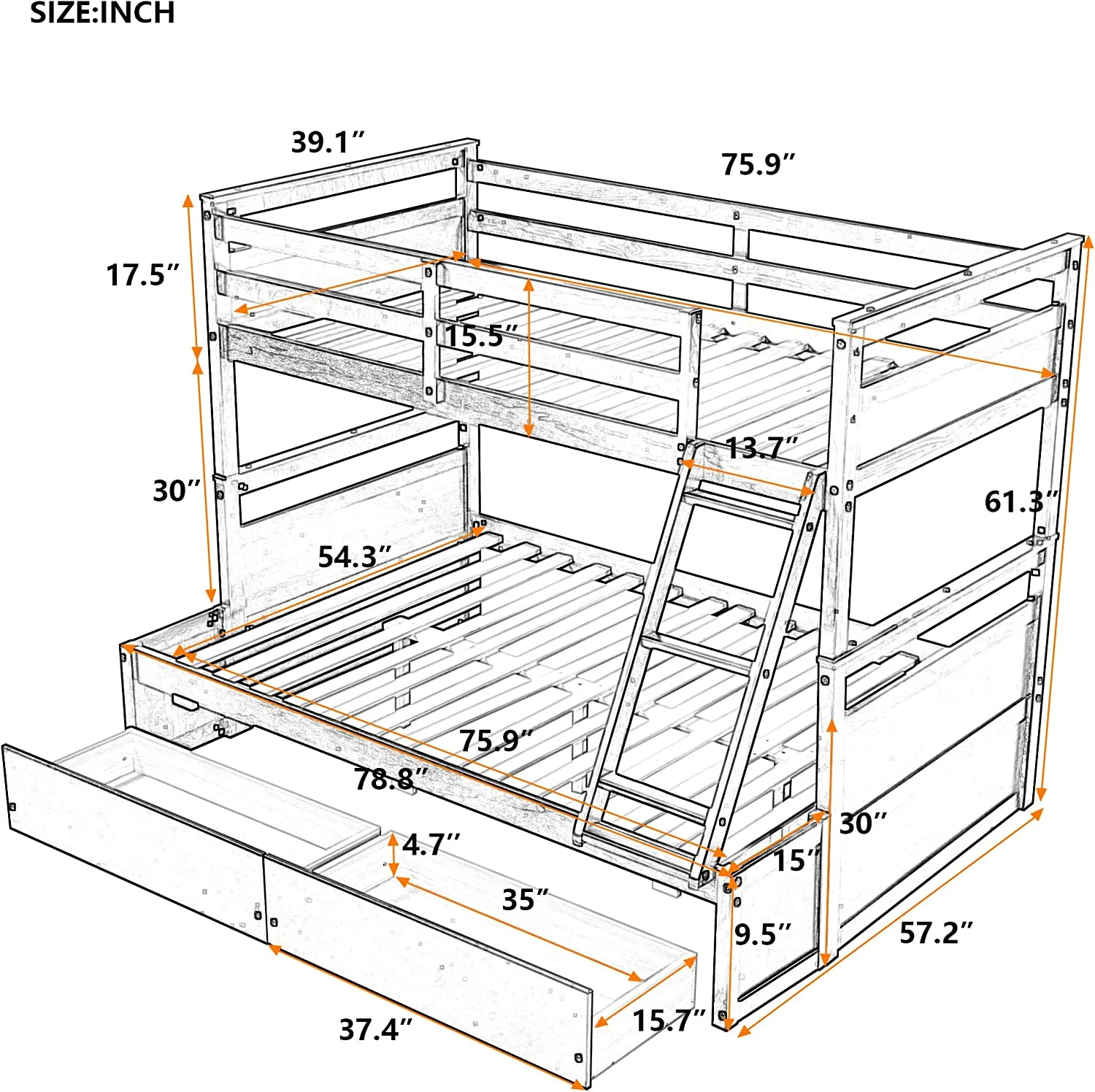 Over Full Bunk Bed With Storage, Wood Bunk Bed Frame With Two Drawer, Safety Guardrail, Ladder, Can Convertible To 2 Separated Beds For Kids, Teens, Adults ( Over Full, Espresso)